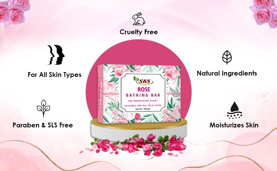 Natural SKS Rose & Pomegranate Bathing Soap Bar - Gentle Cleansing for All Skin Types, Unisex, 4x100g Pack | Moisturizing, Aromatherapy, Gift for Spa & Daily Skincare