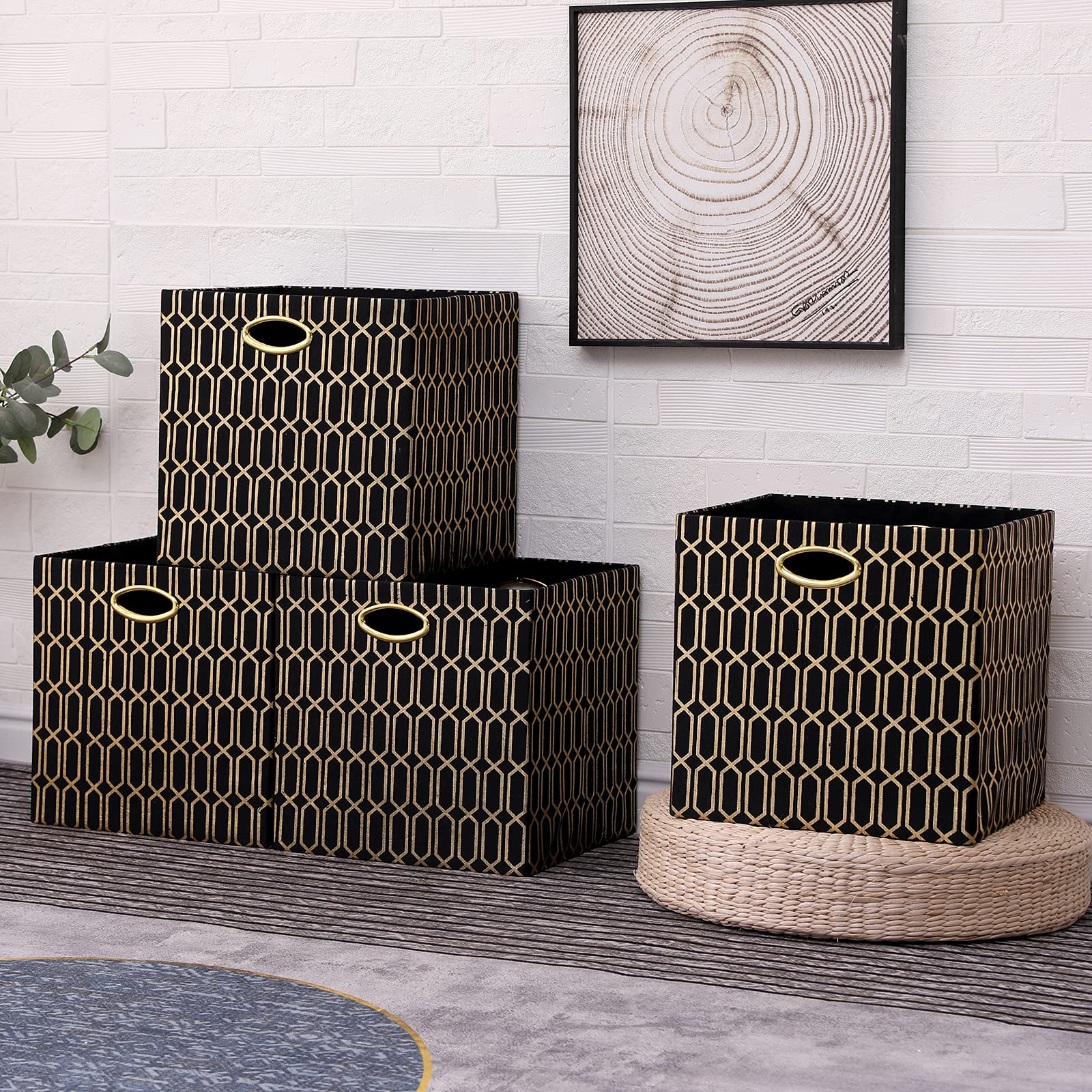 Foldable Cube Storage Bins 13x13 Inches - Set of 4 Large Capacity Polyester Organizer Boxes with Handles (Black Gold) | Perfect for IKEA Closet, Shelf Organizer, Cabinet Storage & Bookcase Organization | Great for Home, Office, Dorm & Halloween Decor