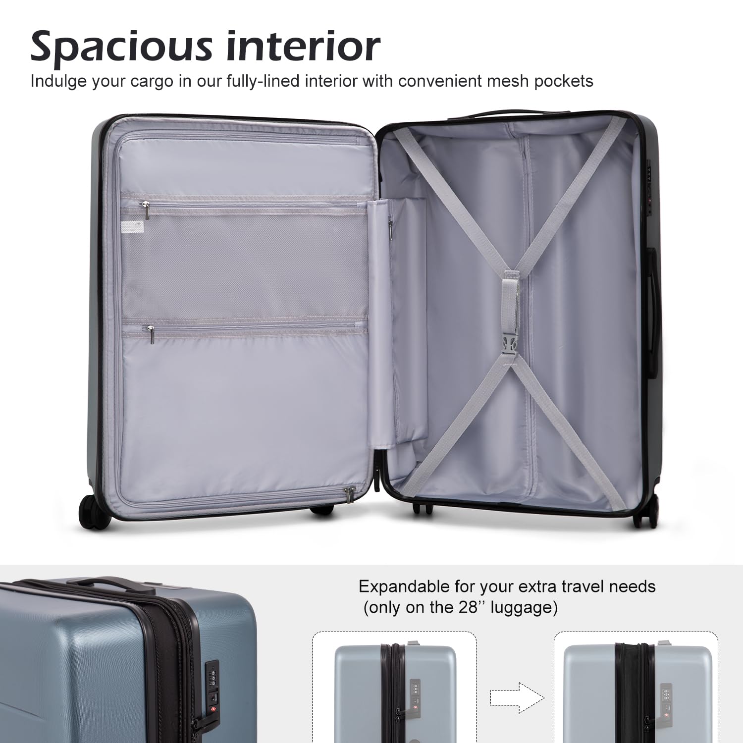 COOLIFE 20in ABS+PC Carry-On Luggage Suitcase with Spinner Wheels & Multiple Pockets - Lightweight Titanium Gray Hardshell Trolley for Air Travel, Business Trips & Weekend Getaways