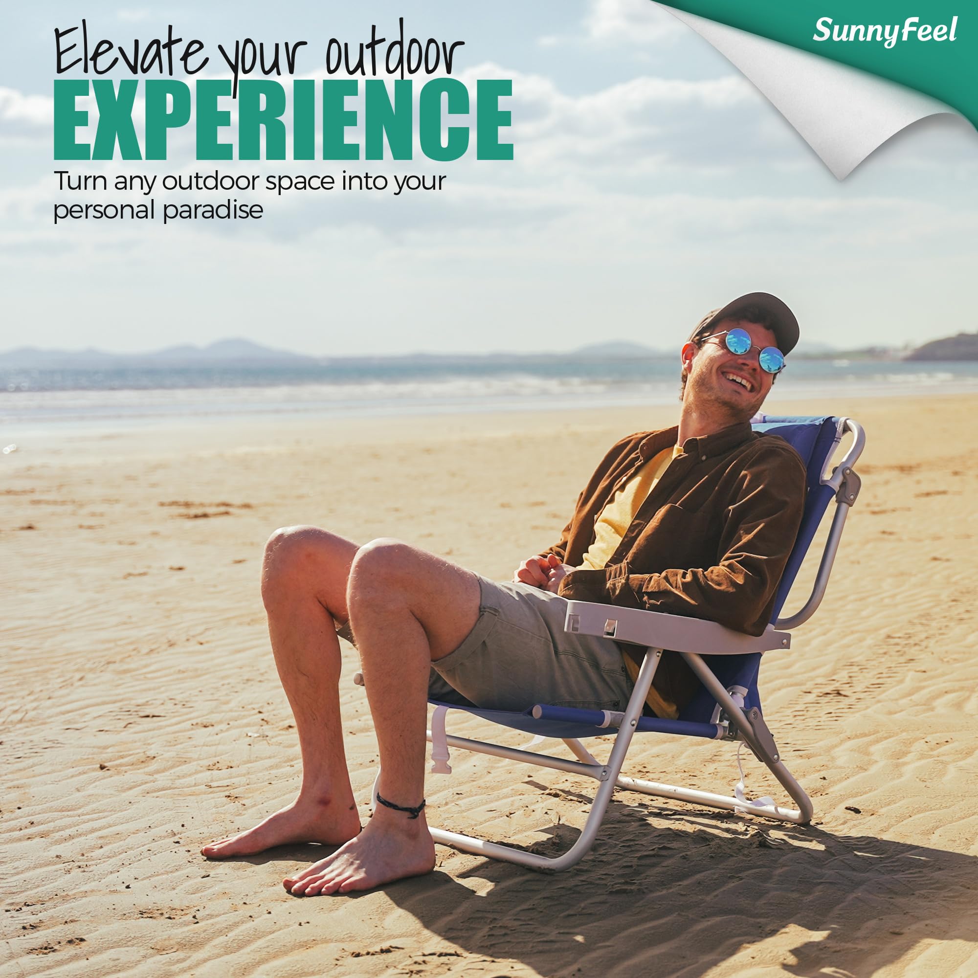 SUNNYFEEL Heavy Duty Folding Beach Chair - 500 lbs Capacity, 5-Position Recliner, Oversized Portable Camping Chair with Cup Holder - Lightweight & Durable for Outdoor, Beach, Travel, Picnics, and Backpacking - Perfect for Adults, Camping, and Relaxing by the Water