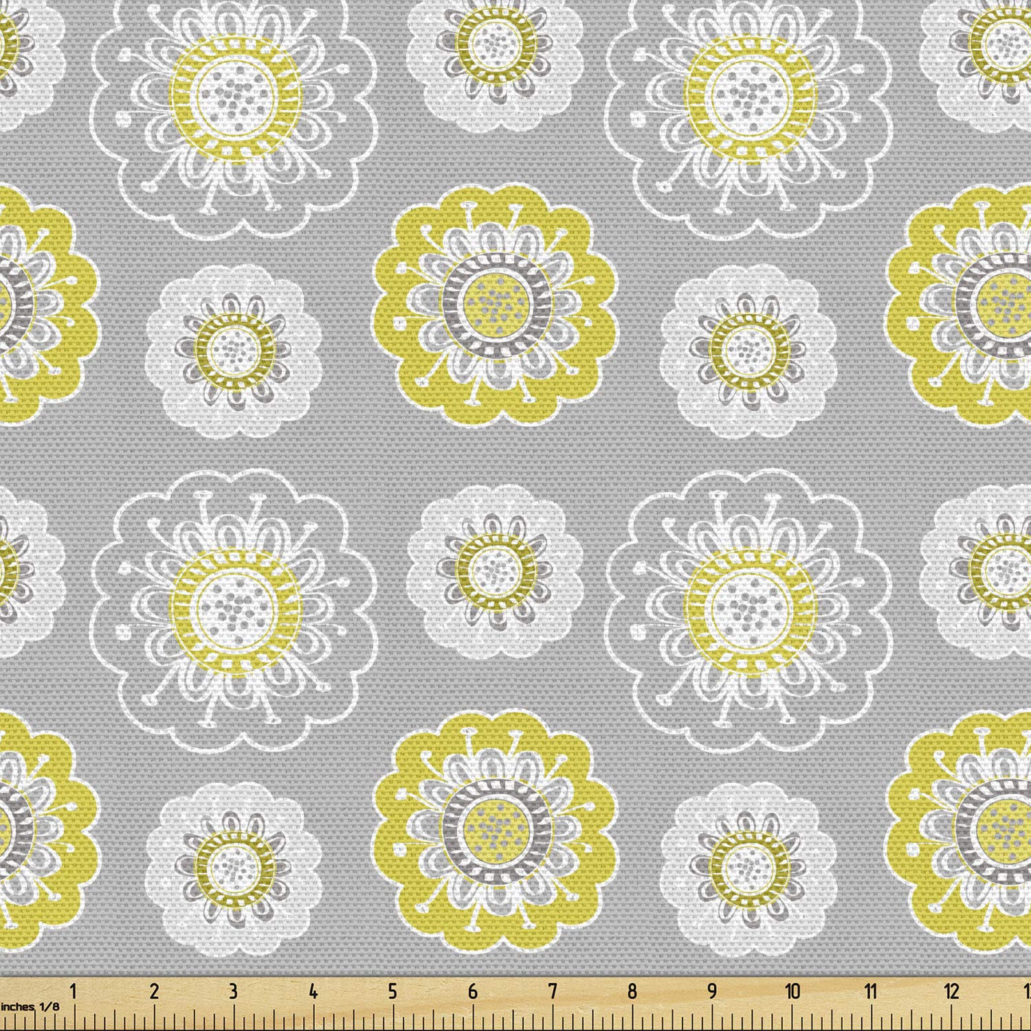 Ambesonne Grey Yellow Floral Fabric - 10 Yards for Upholstery & Home Decor - Perfect for Curtains & Pillows