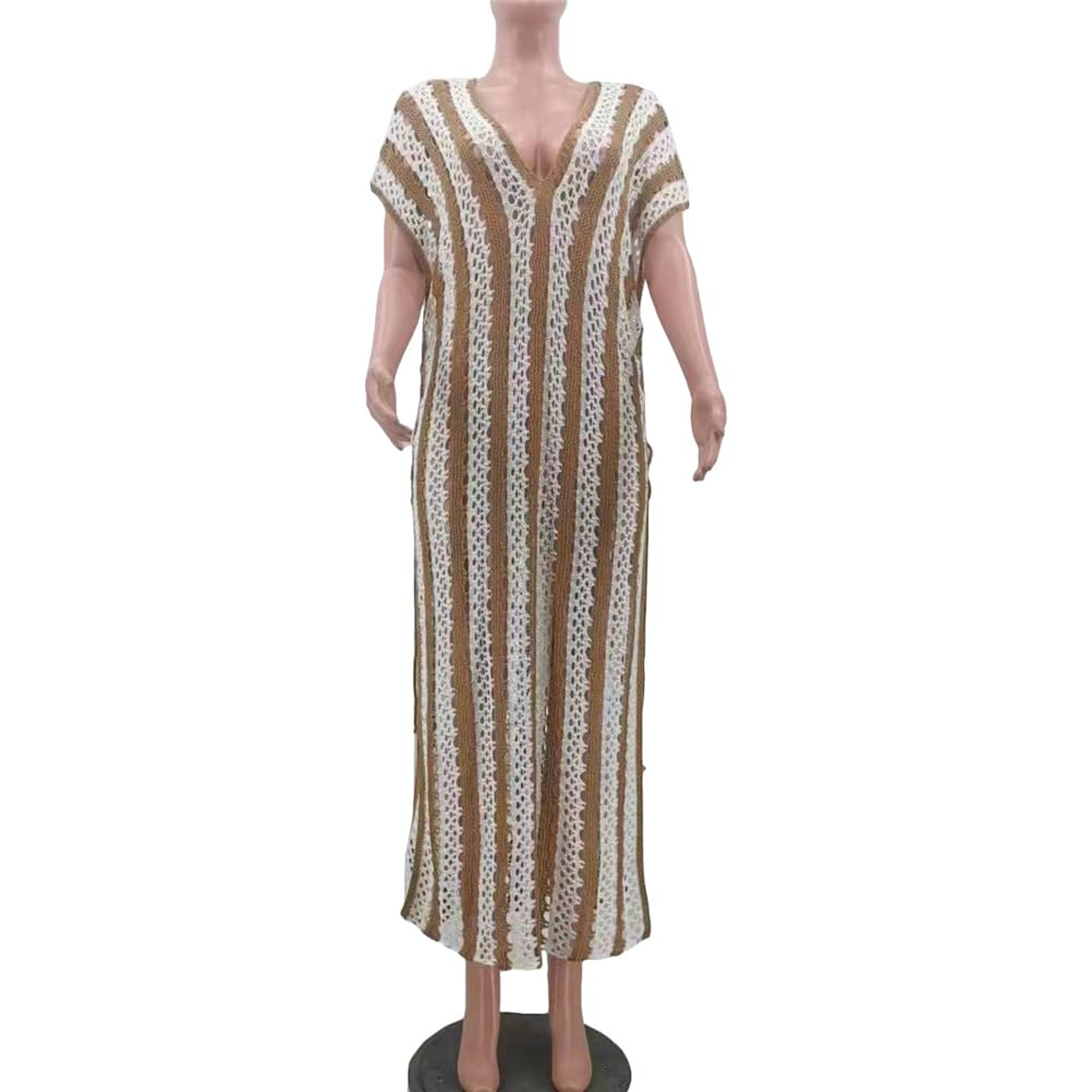 Sexy V-Neck Knitted Crochet Hollow Split Long Beach Dress for Women | Summer Vacation Maxi Dress | Perfect for Beach Parties, Tropical Getaways & Boho Fashion