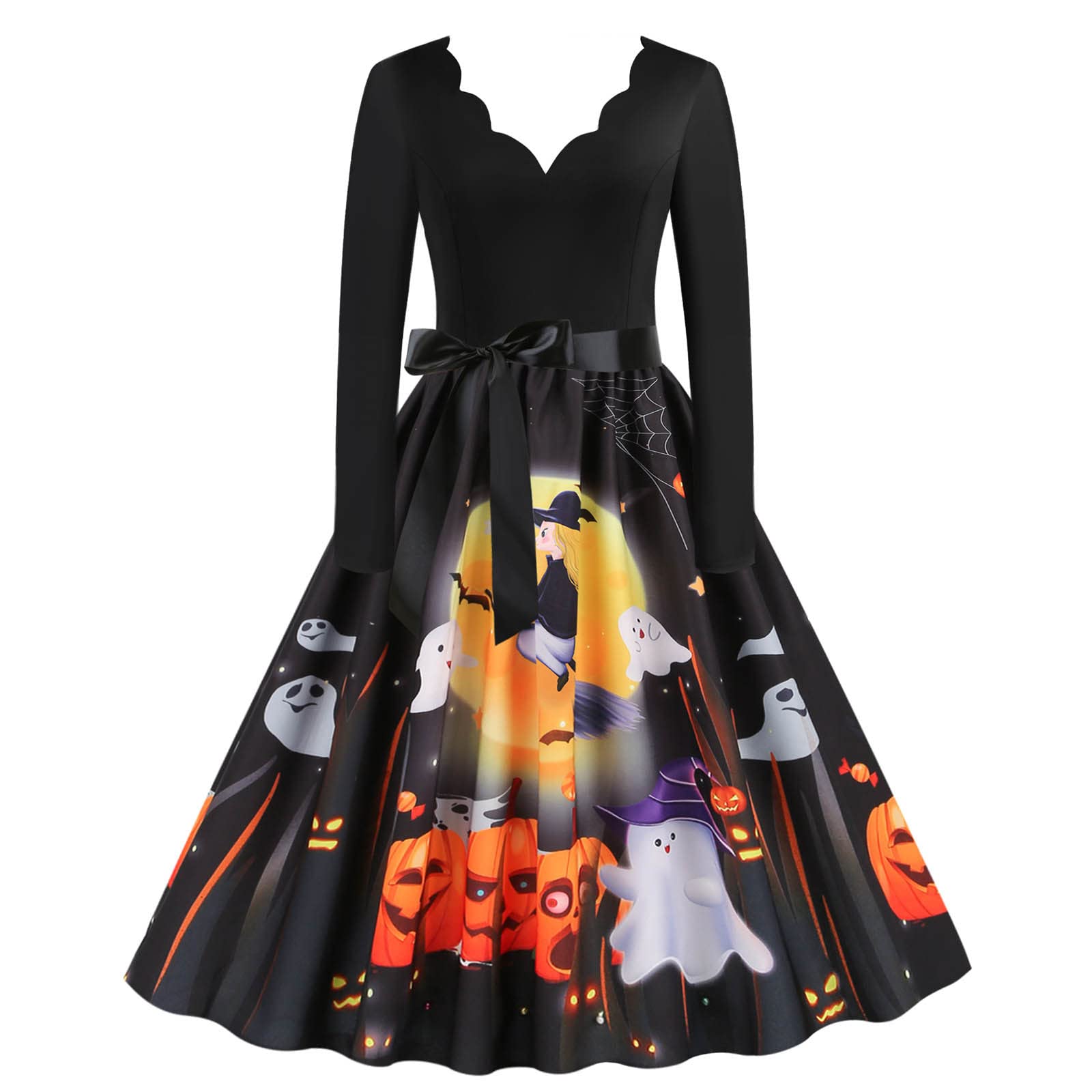 BmkBWO Women's Elegant Long Sleeve Halloween Party Dress - Scallop V-Neck Pleated Swing Midi Dress for Cocktail Parties, Prom Nights & Holiday Events | Perfect for Costume Parties, Christmas Gatherings & Special Occasions