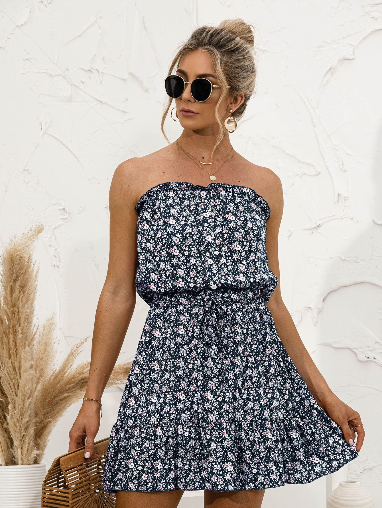 2022 Women's Floral Print Knot Ruffle Hem Tube Dress - Cute Mini Summer Party & Beach Dress for Casual Outings, Vacations, and Night Out