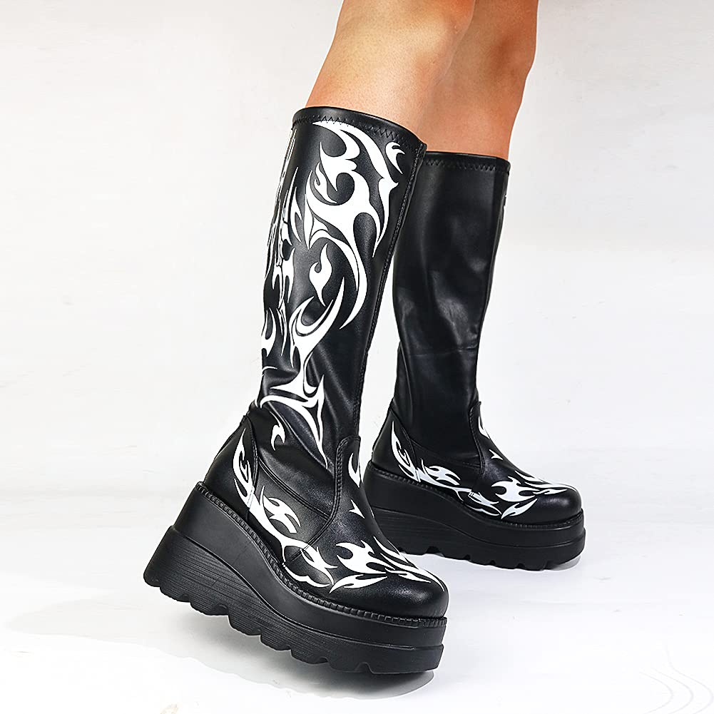 Erocalli Women's Gothic Platform Wedge Heel Mid Calf Boots - Combat & Motorcycle Style Boots for Punk, Rock, and Gothic Fashion Outfits