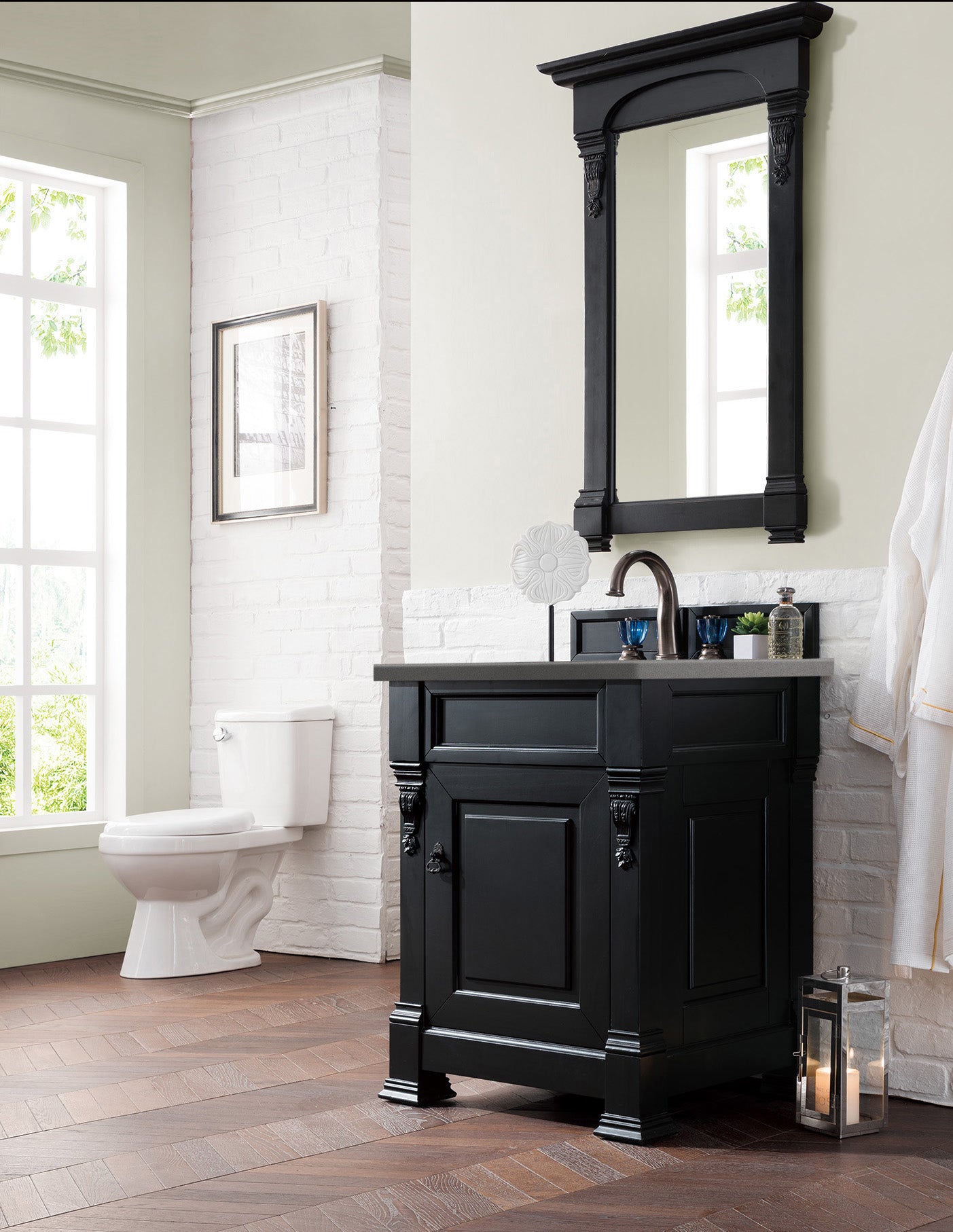Brookfield 26 Inch Single Bathroom Vanity Set with Antique Black Finish & 3CM Grey Expo Quartz Countertop - Perfect for Modern and Traditional Bathrooms
