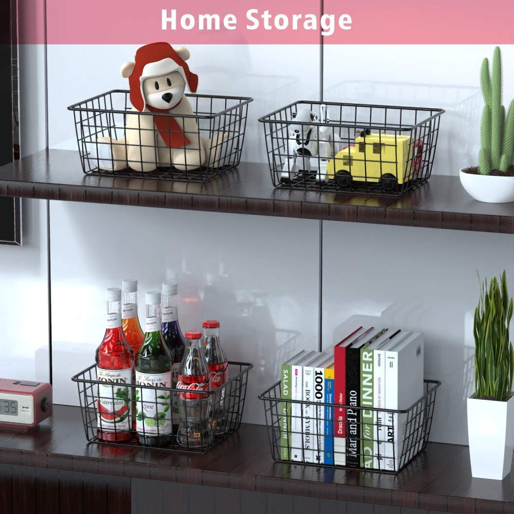 LeleCAT 2-Pack Black Metal Wire Storage Baskets - Household Organizer for Kitchen, Pantry, Shelf, Freezer & Bathroom - Space Saving Storage Solution for Home Organization