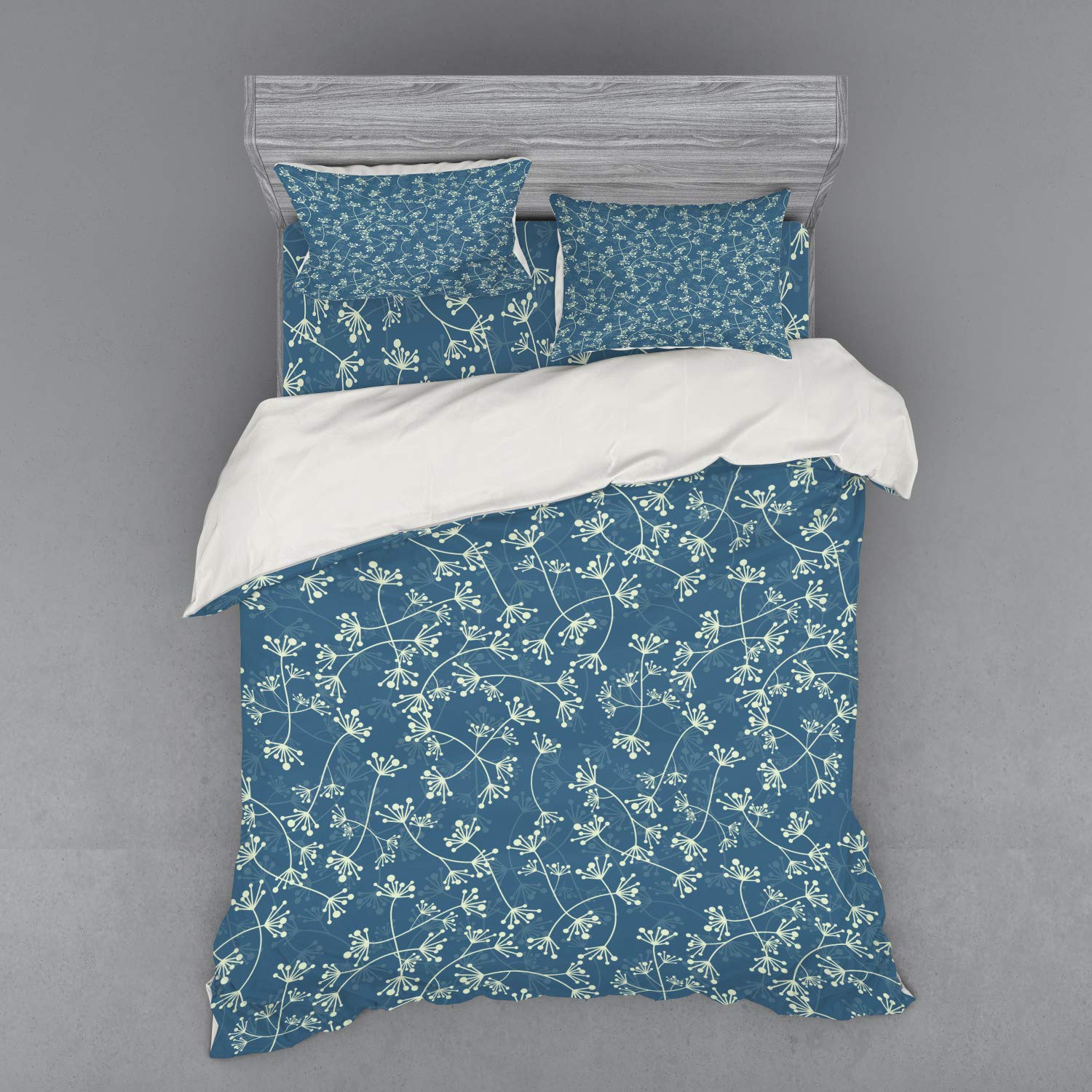 Ambesonne Floral Duvet Cover Set - Queen Size 4-Piece Bedding with Shams & Fitted Sheet, Nature Inspired Twig & Petal Spring Design in Pale Green Slate Blue | Perfect for Master Bedroom, Guest Room & Spring Home Decor