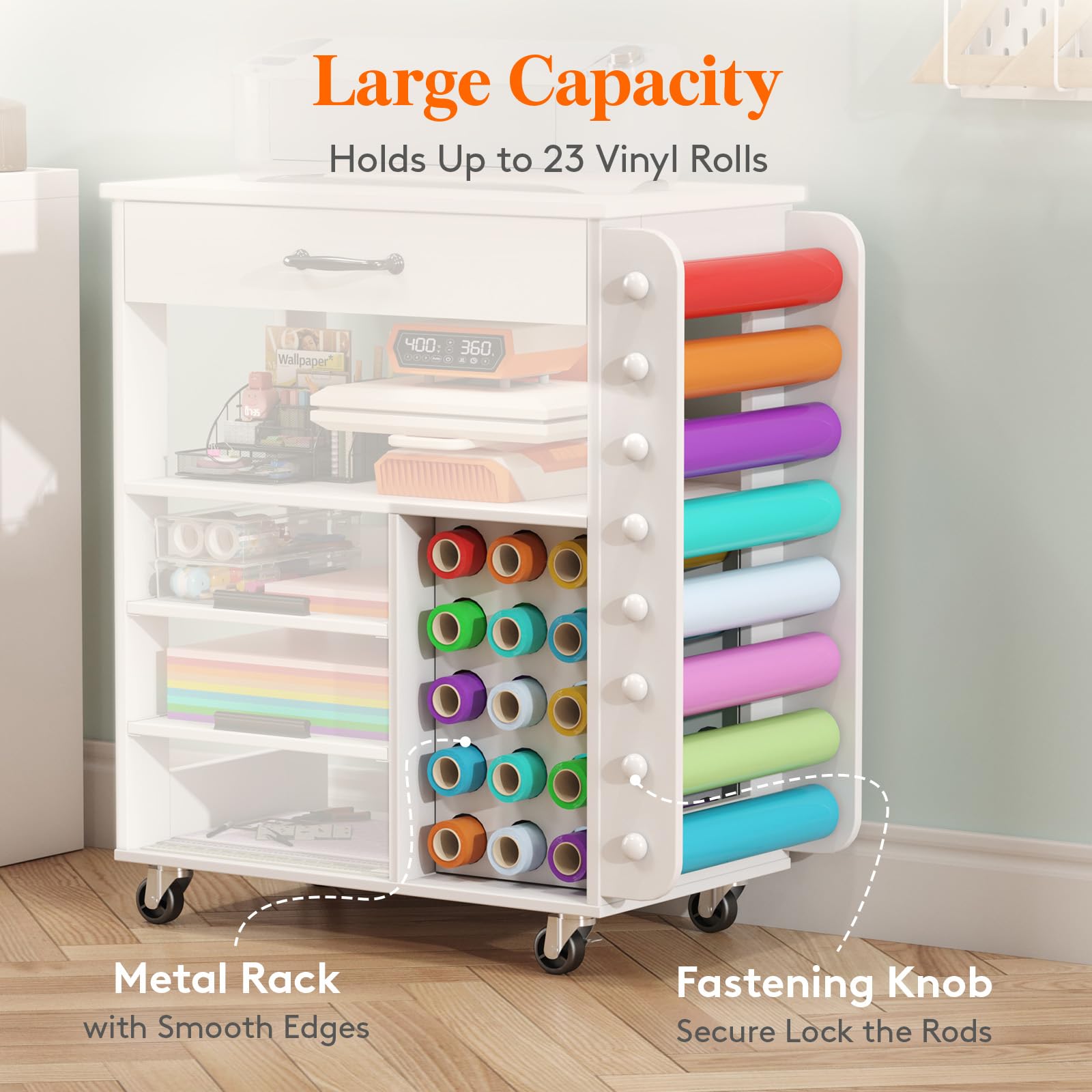 Lifewit Rolling Craft Cart with Pull-Out Tray & Drawer - 23 Vinyl Roll Holders Storage Organizer for Cricut Machines | Perfect for Craft Room, Home Office & DIY Projects | Mobile Craft Station for Scrapbooking, Vinyl Cutting & Art Supplies Organization