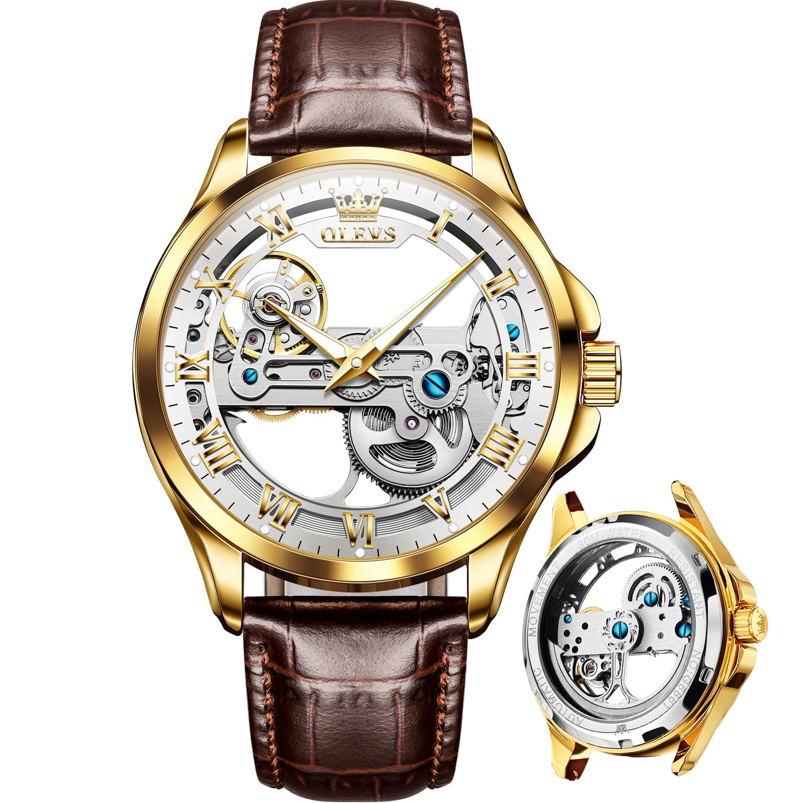 OLEVS Men's Skeleton Automatic Watch - Self Winding Mechanical Dress Watch with Leather Band, Large Face, Waterproof - Perfect for Business, Casual & Formal Occasions