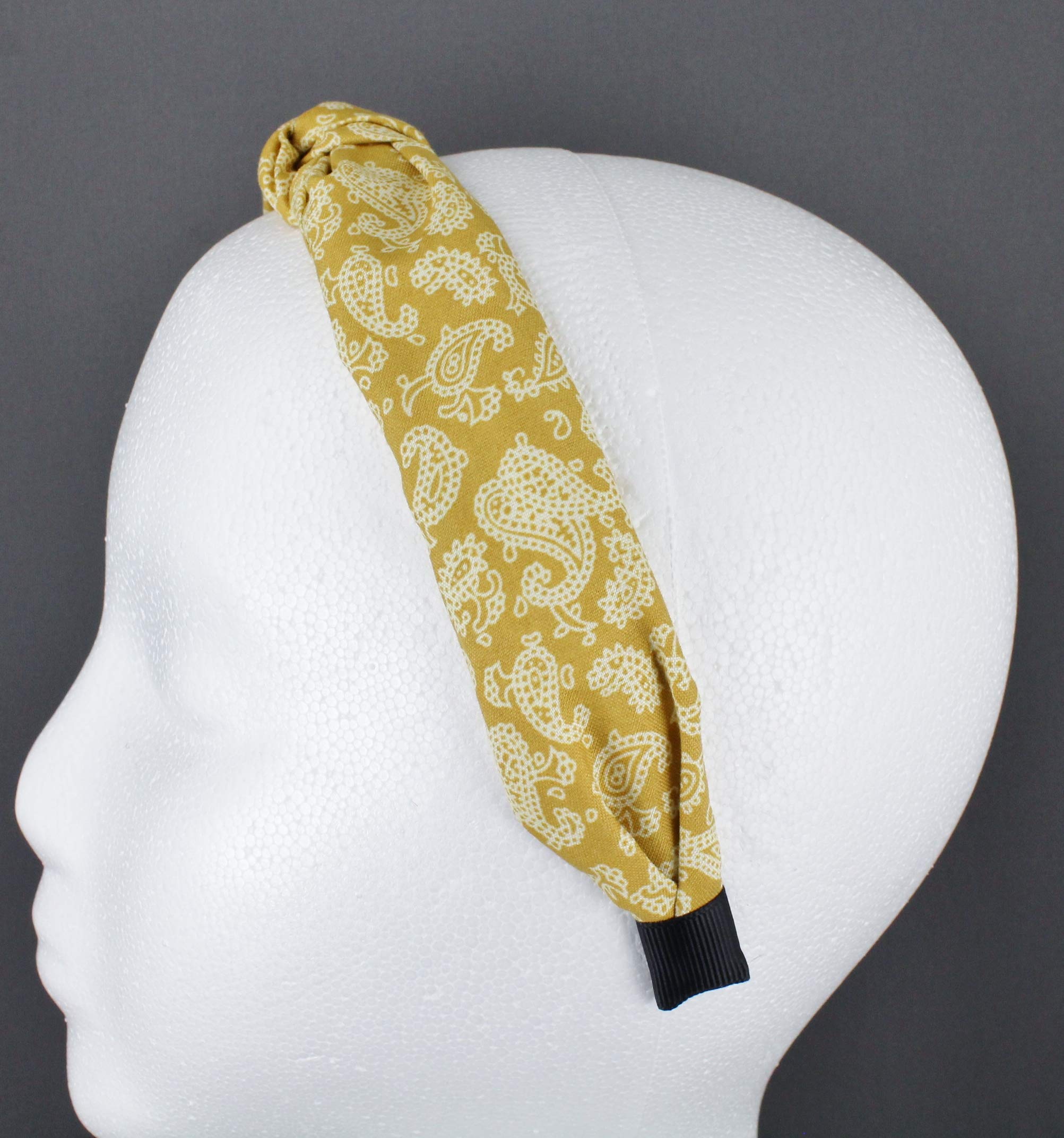 Yellow and White Turban Knot Headband - Paisley Fabric Covered Hair Band with Grip Teeth for Women | Yoga, Workout, and Fashion Accessory