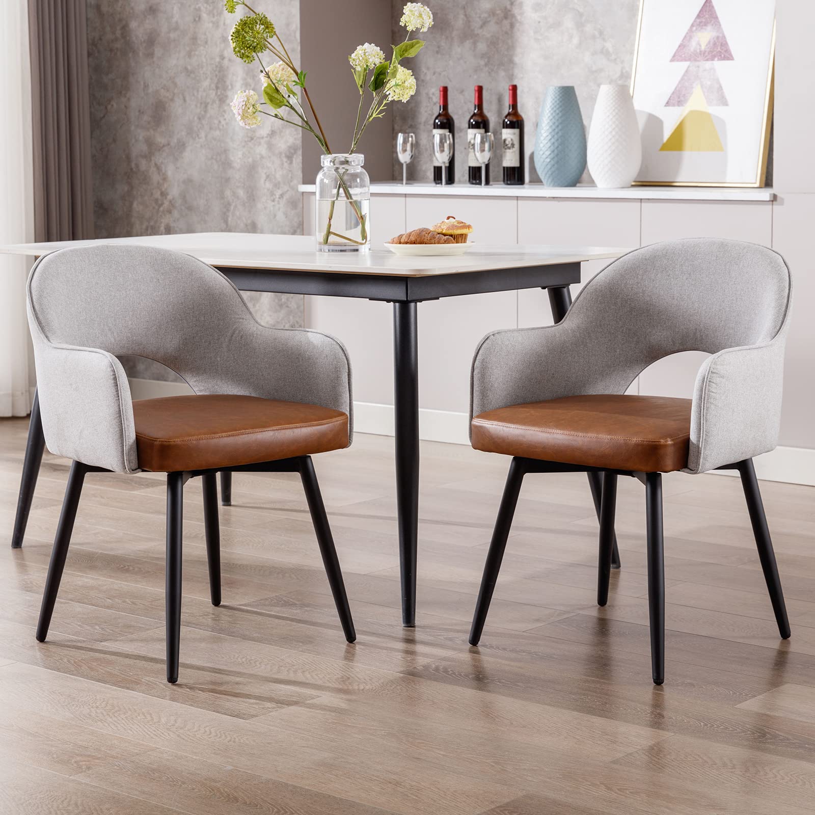 Modern Swivel Dining Chairs Set of 2 - Linen & Faux Leather Upholstered Accent Side Chairs for Home, Office & Living Room - No Wheels Desk Chair in Light Grey - Perfect for Dining Areas, Workstations & Lounge Spaces
