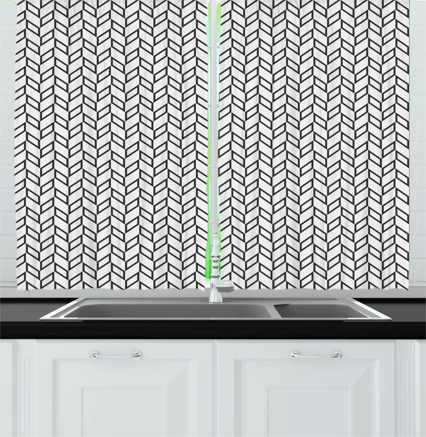 Ambesonne Herringbone Long Kitchen Curtains - Monochrome Checkered Parallelogram Print, 2 Panel Rod Pocket Drapes, 55