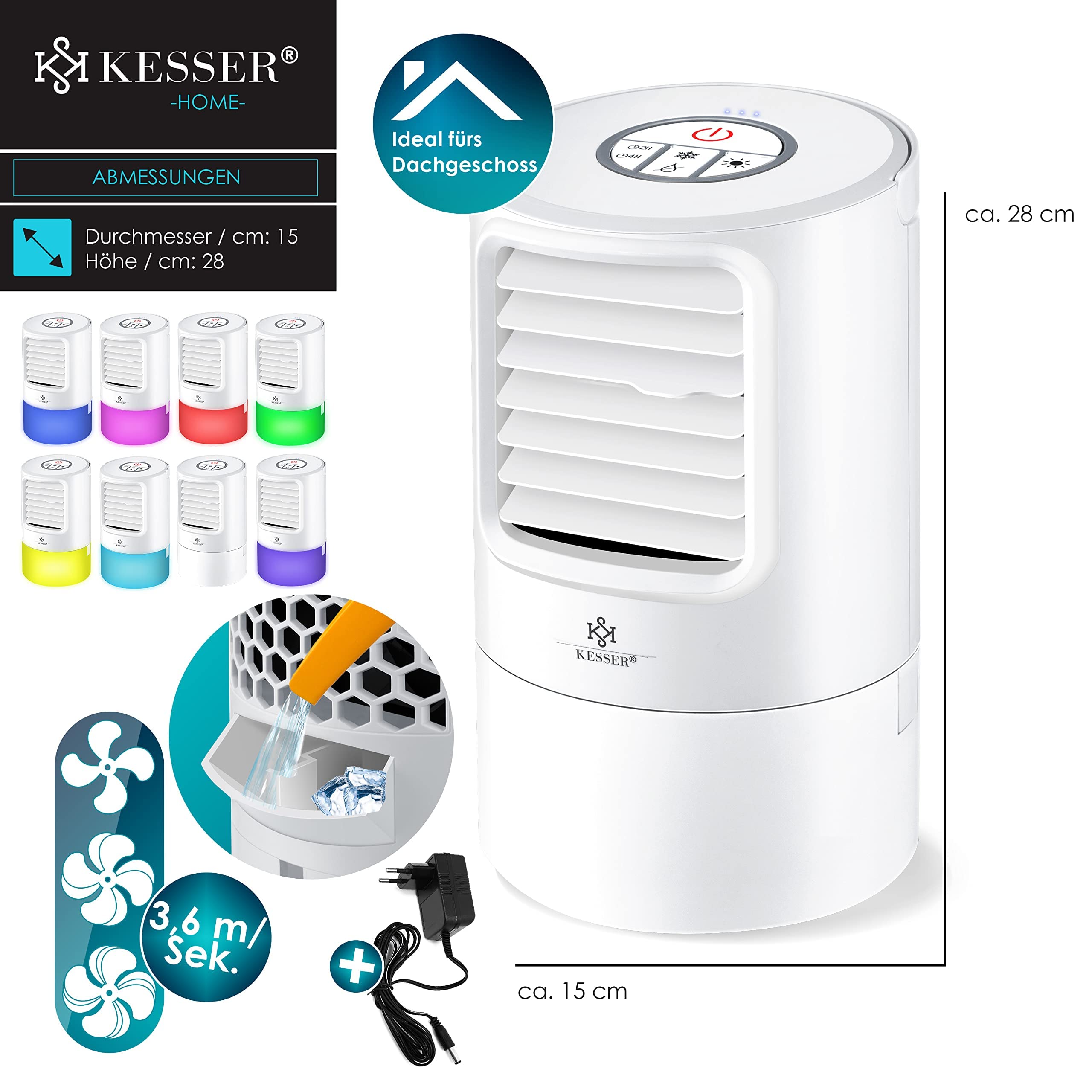 KESSER® Portable 4-in-1 Mini Air Conditioner with LED Lights, Fan, Water Tank & Timer - 3 Speed Levels, Ionizer Humidifier, Compact Personal Cooler (White) - Perfect for Bedroom, Office & Small Spaces