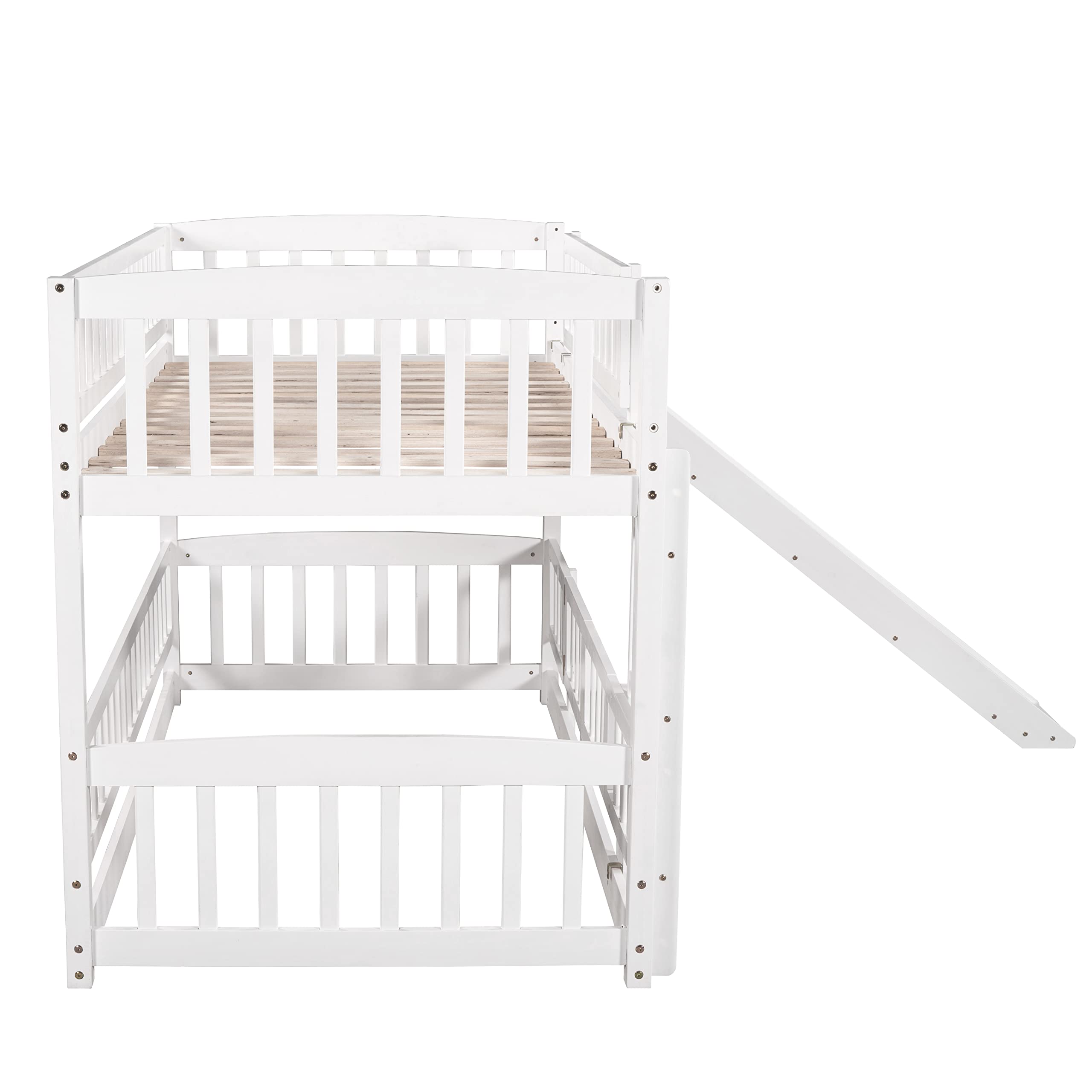 Twin Over Twin Low Bunk Bed with Slide & Safety Rail - Solid Wood Convertible Loft Bed for Kids, Teens & Toddlers - Includes Ladder & White Finish - Perfect for Small Bedrooms, Shared Kids Rooms & Play Areas