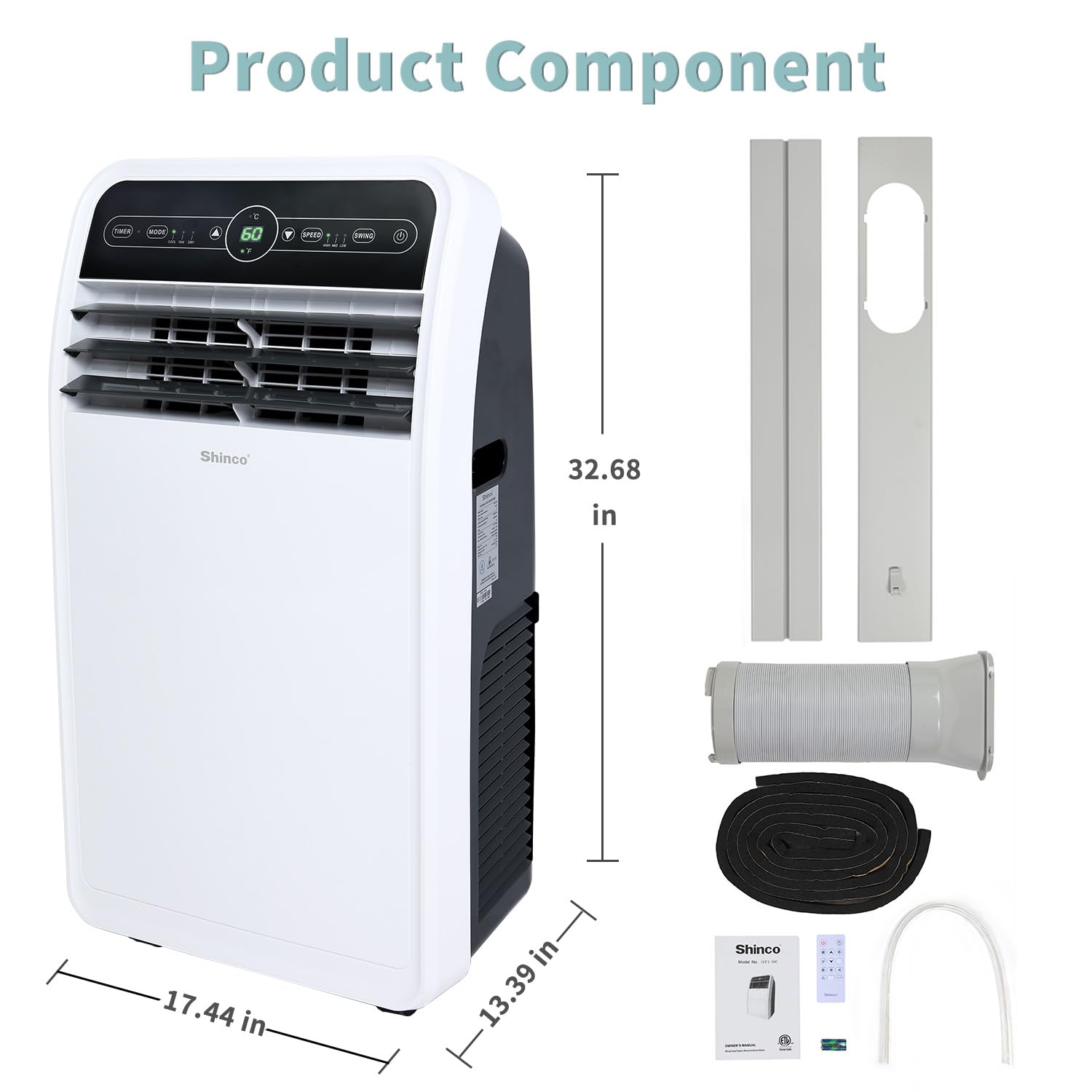 Shinco 12,000 BTU Portable Air Conditioner - 3-in-1 Cooling, Dehumidifier & Fan for Rooms up to 400 sq.ft - Includes Remote Control, 24H Timer & Installation Kit - Perfect for Bedrooms, Offices & Small Apartments