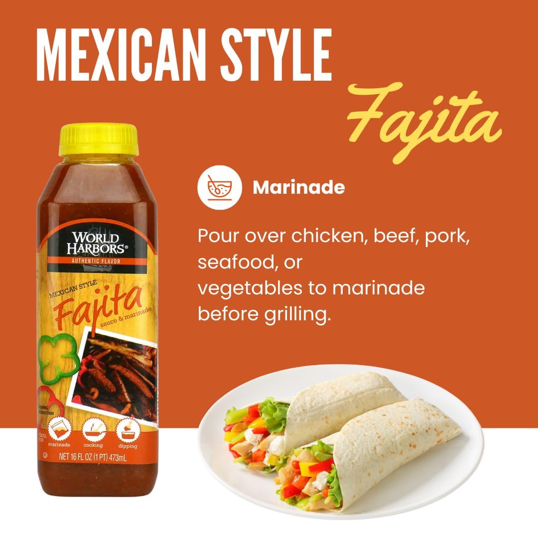 World Harbors Authentic Mexican Fajita Marinade Sauce - 16 fl oz Bottles (6-Pack) - Perfect for Grilling, Marinating Steak, Chicken & Veggies - Restaurant Quality Flavor at Home