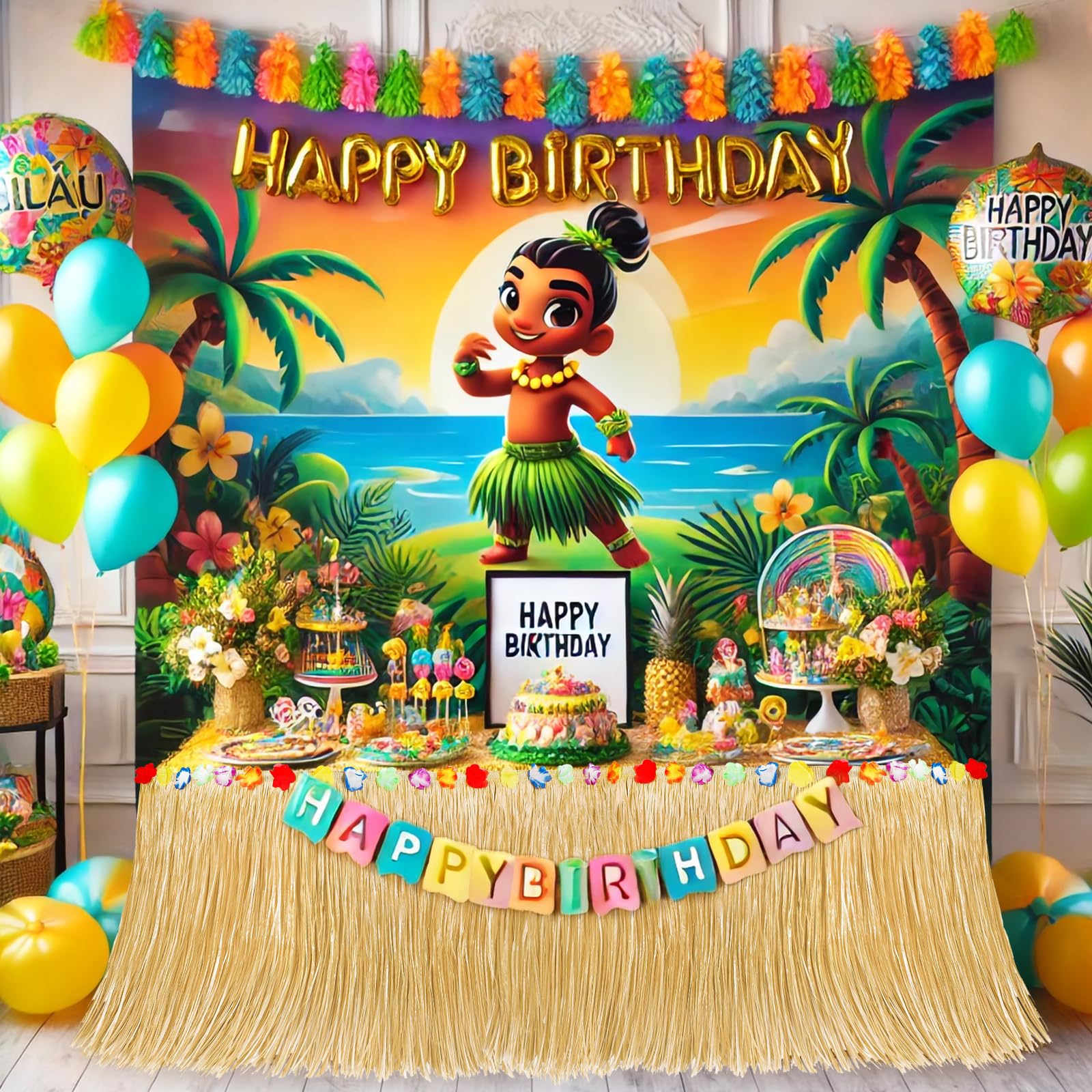 Hawaiian Luau Party Decorations - 2 Pack Tropical Grass Table Skirts 53.2