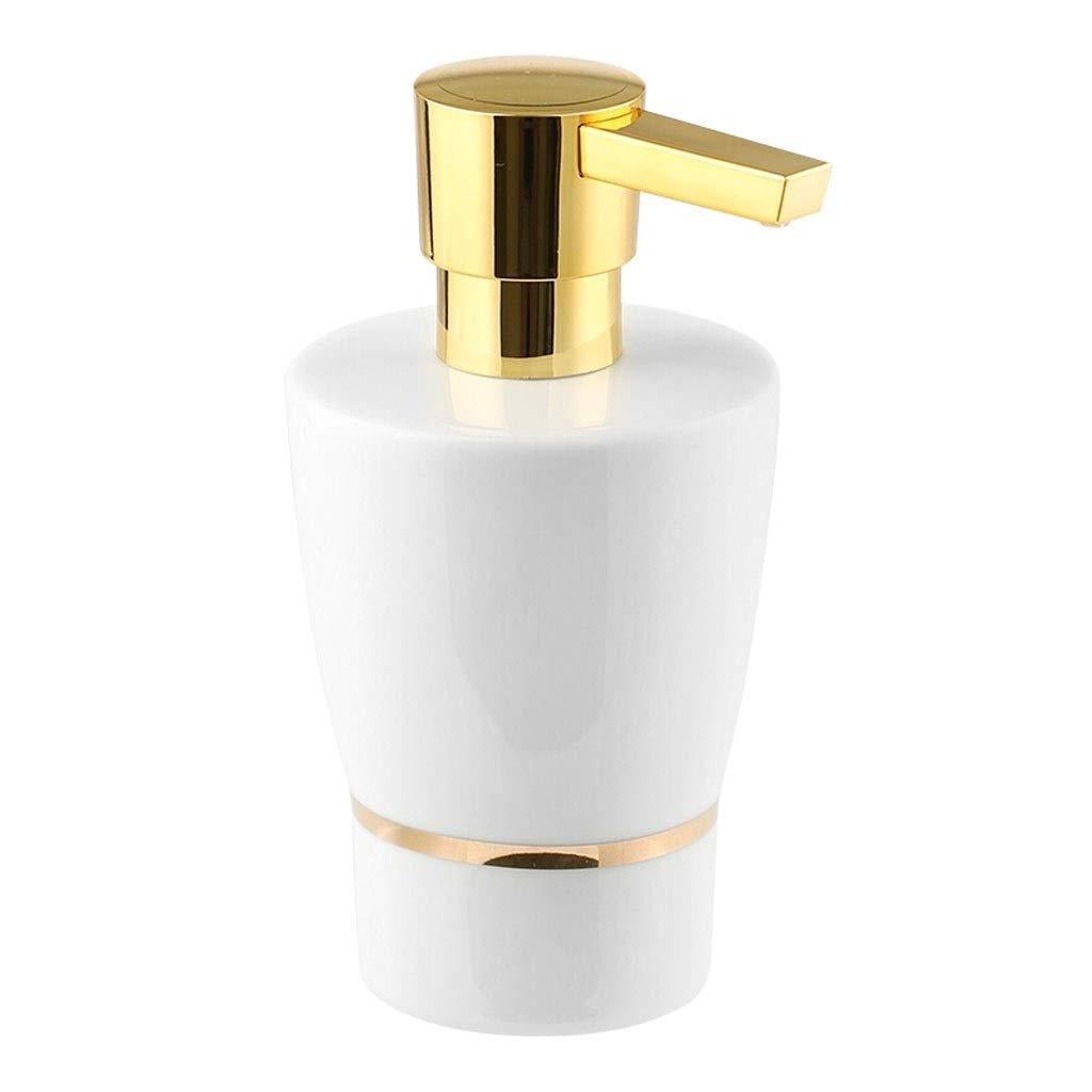 White & Gold Striped Ceramic Soap Dispenser with Chrome Pump - Hand Sanitizer & Lotion Dispenser for Bathroom, Kitchen & Bedroom - Elegant Touch for Modern Home Decor & Hygiene Essentials