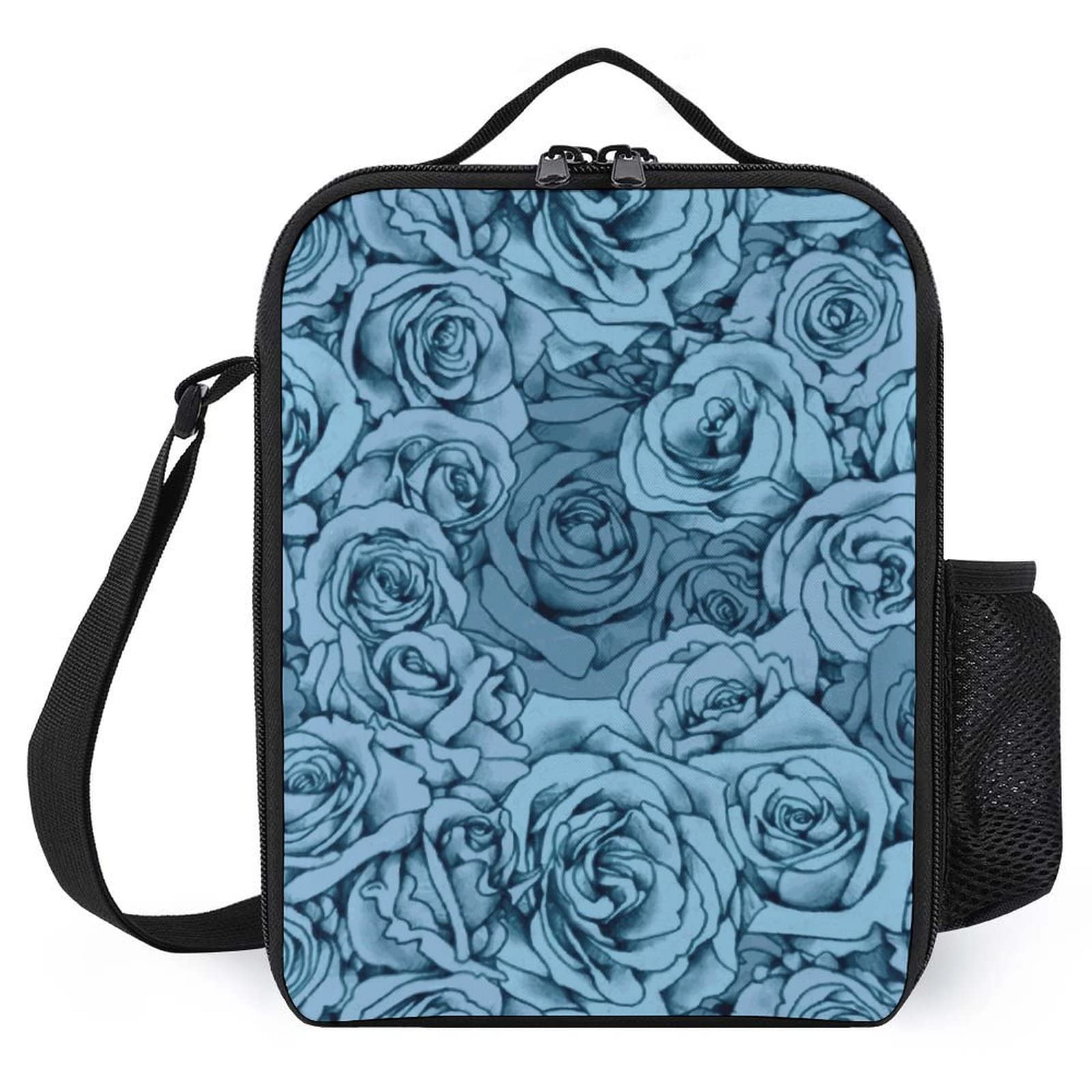 Insulated Lunch Bag for Women & Men - Durable Reusable Tote Lunch Box with Adjustable Shoulder Strap | Perfect for Work, School, Picnic & Outdoor Travel | Blue Rose Design