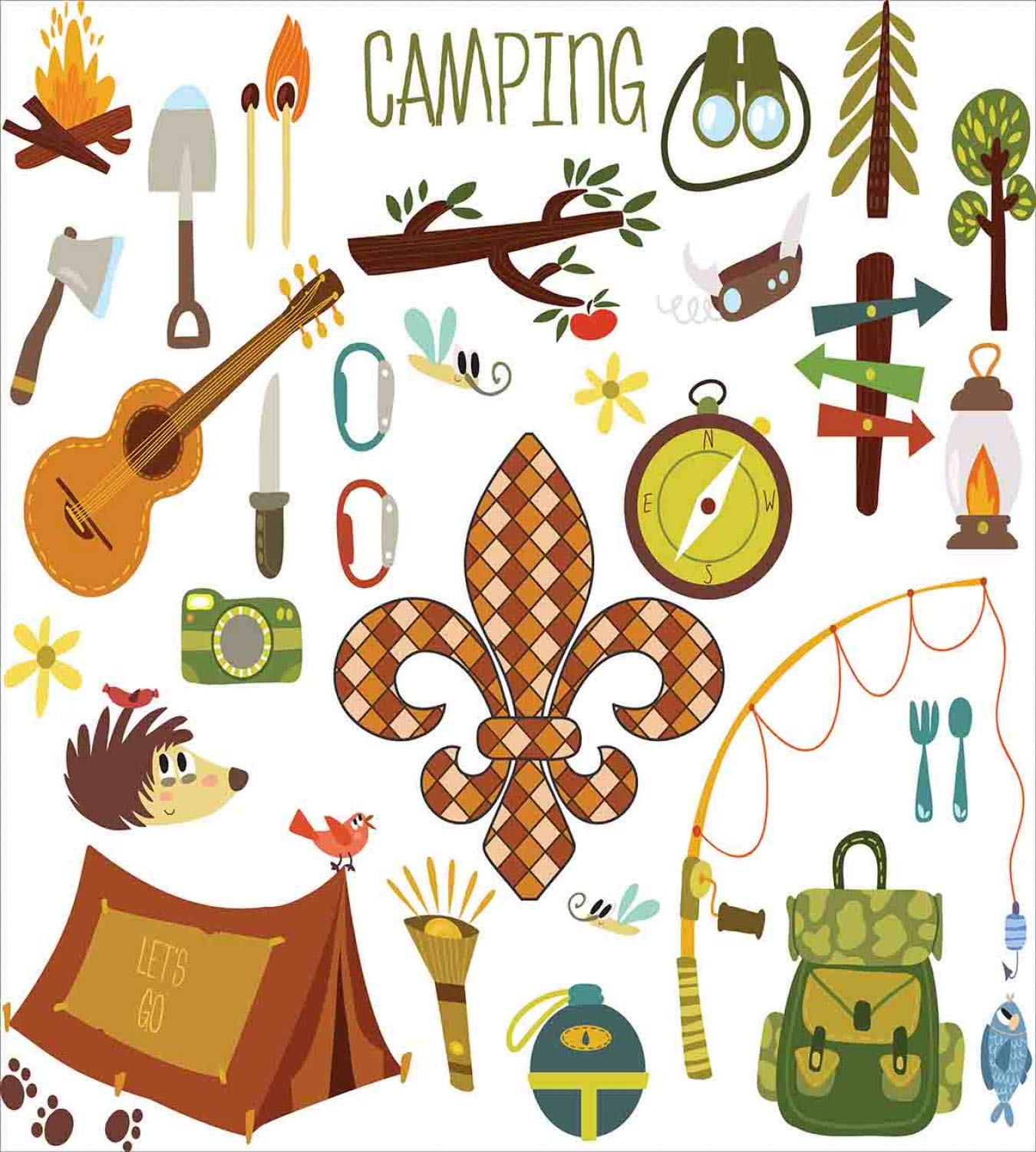 Ambesonne King Size 3-Piece Camping Duvet Cover Set with 2 Pillow Shams - Cartoon Outdoor Theme Featuring Fleur de Lis, Guitar, Bonfire & Trees - Amber & Green Decorative Bedding for Camping Enthusiasts & Nature Lovers - Perfect for RV Trips, Cabin Retreats & Adventure-Themed Bedrooms