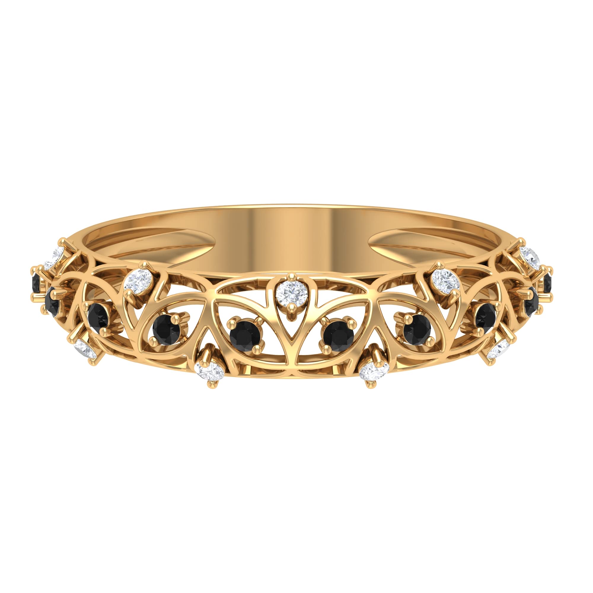 1/4 CT Black Onyx and Diamond Filigree Band Ring in 14K Solid Gold (AAA Quality) - Elegant Stackable Ring for Women, Perfect for Weddings, Anniversaries and Everyday Wear