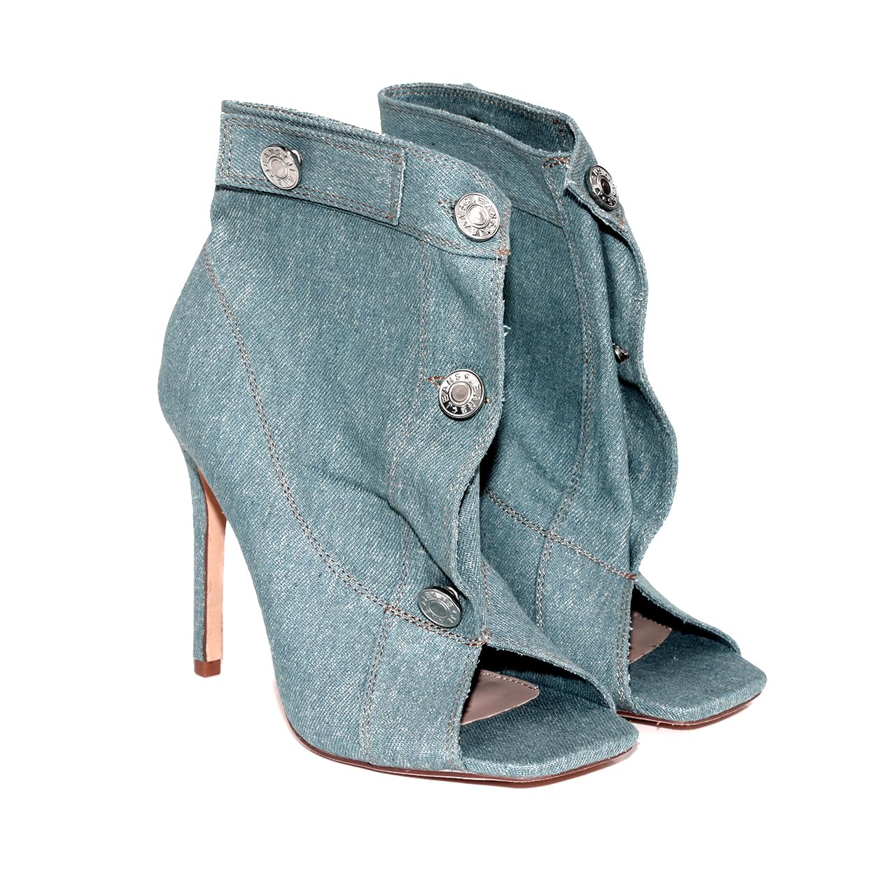Liliana Women's Denim Button Up High Heel Open Toe Booties - Peep Toe Ankle Boots with Pocket for Casual Outings & Night Out