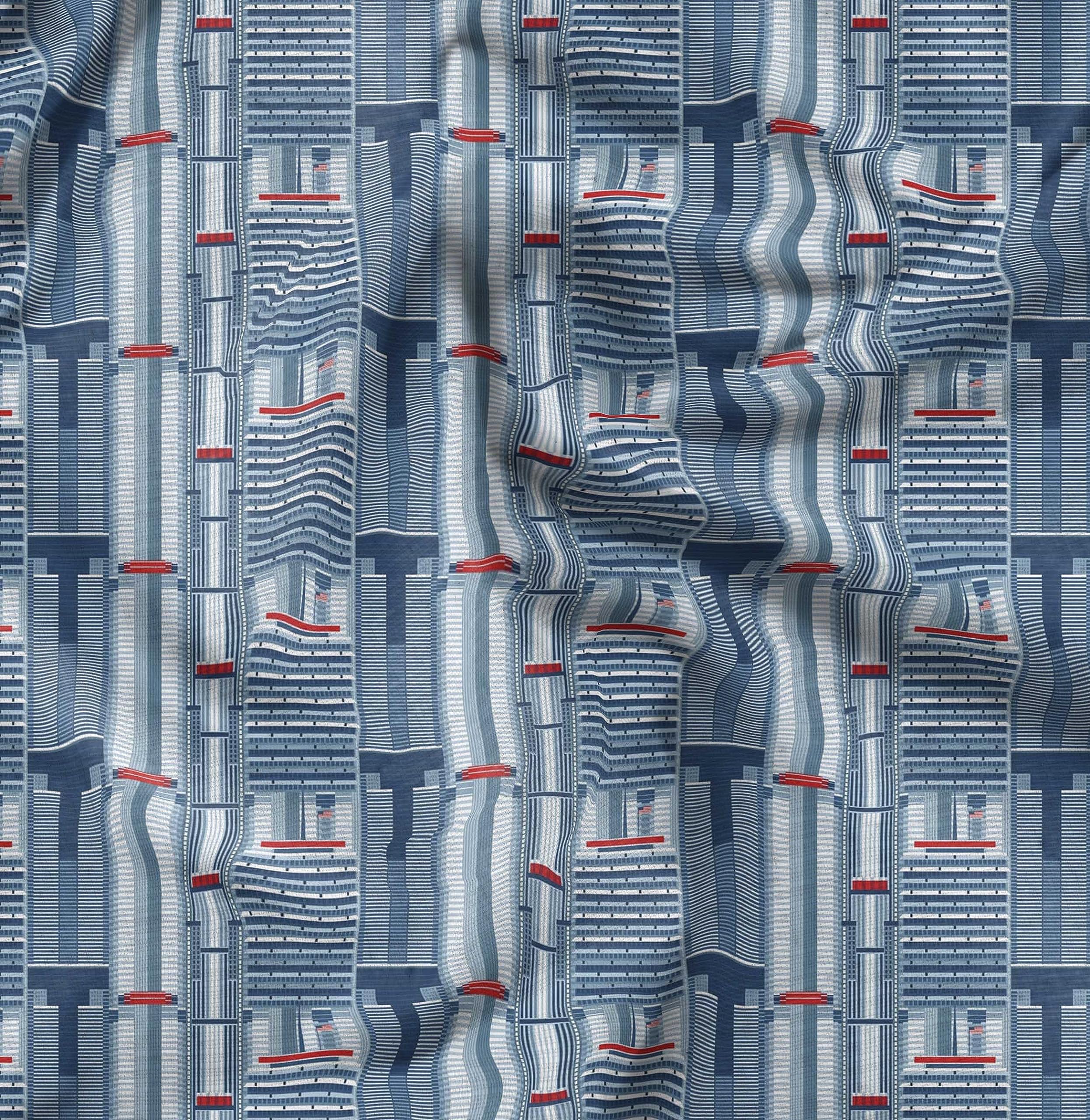 Soimoi Japanese Crepe Fabric - Blue Urban Tapestry Architectural Print - 42