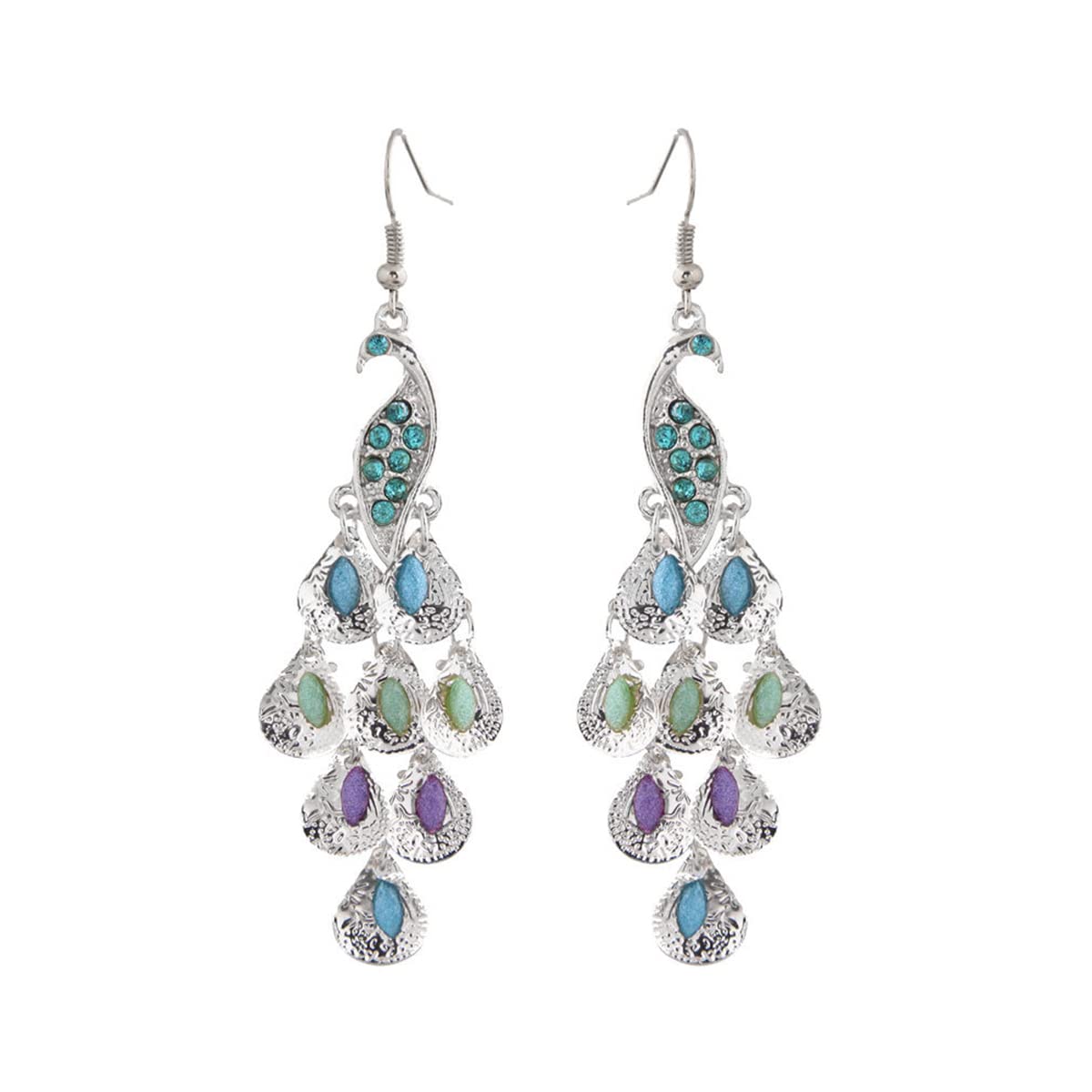 Sparkling Rhinestone Crystal Peacock Earrings for Women | Bohemian Vintage Dangle Drop Earrings | Blue Crystal Feather Statement Jewelry | Silver & Rose Gold Long Tassel Earrings | Perfect for Parties, Weddings & Boho Fashion