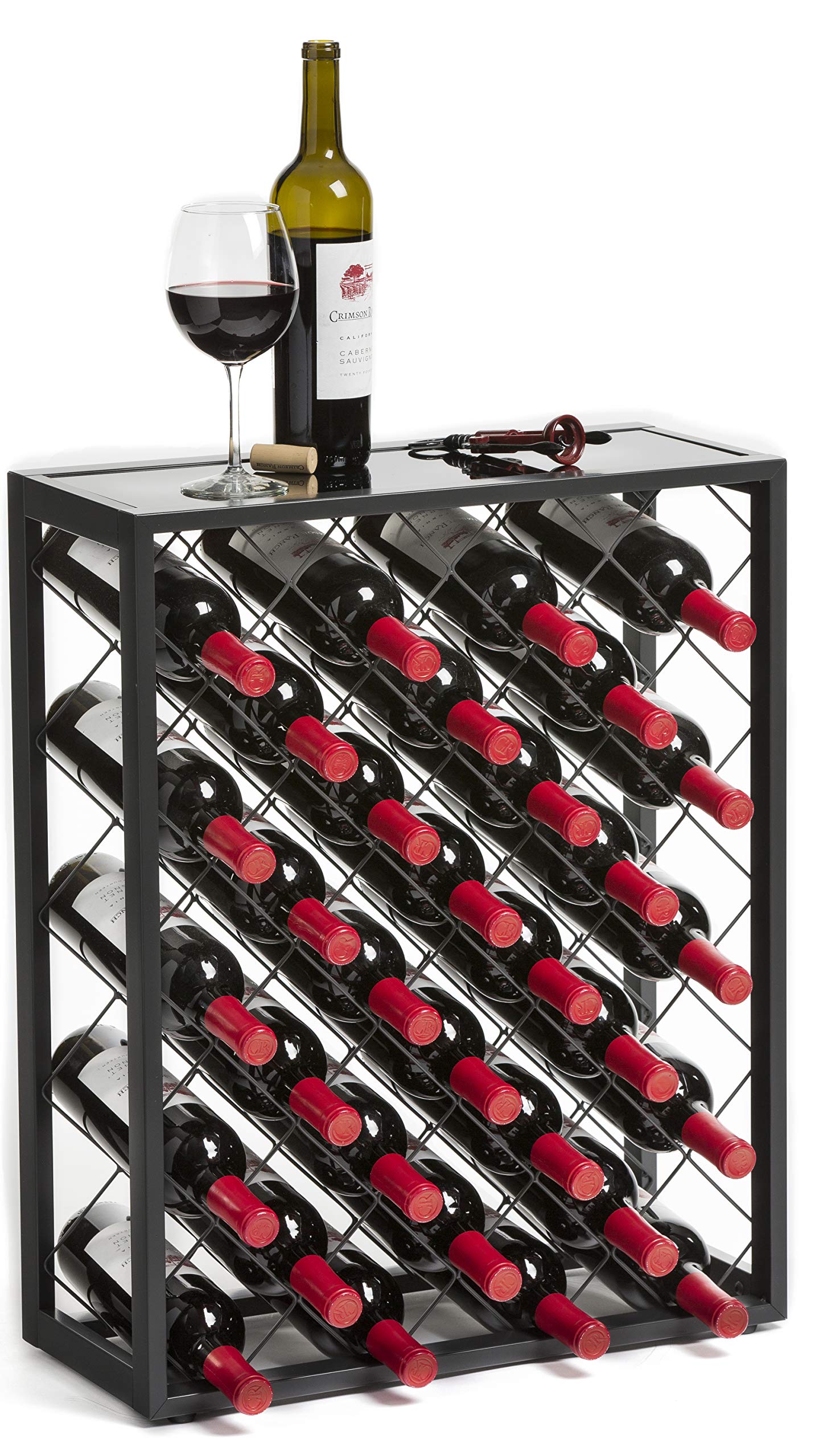 Premium 32-Bottle Mango Wood Wine Rack with Tempered Glass Top Shelf - Freestanding Wine Storage for Home, Kitchen, Bar & Dining Room - Perfect for Wine Cellars, Entertaining & Displaying Your Collection