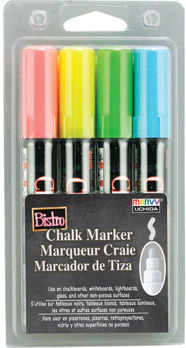 Vibrant Bistro Chalk Markers Set - 4 Broad Tip Colors (Fluorescent Red, Blue, Green, Yellow) for Restaurants, Cafes & Creative Chalkboard Art