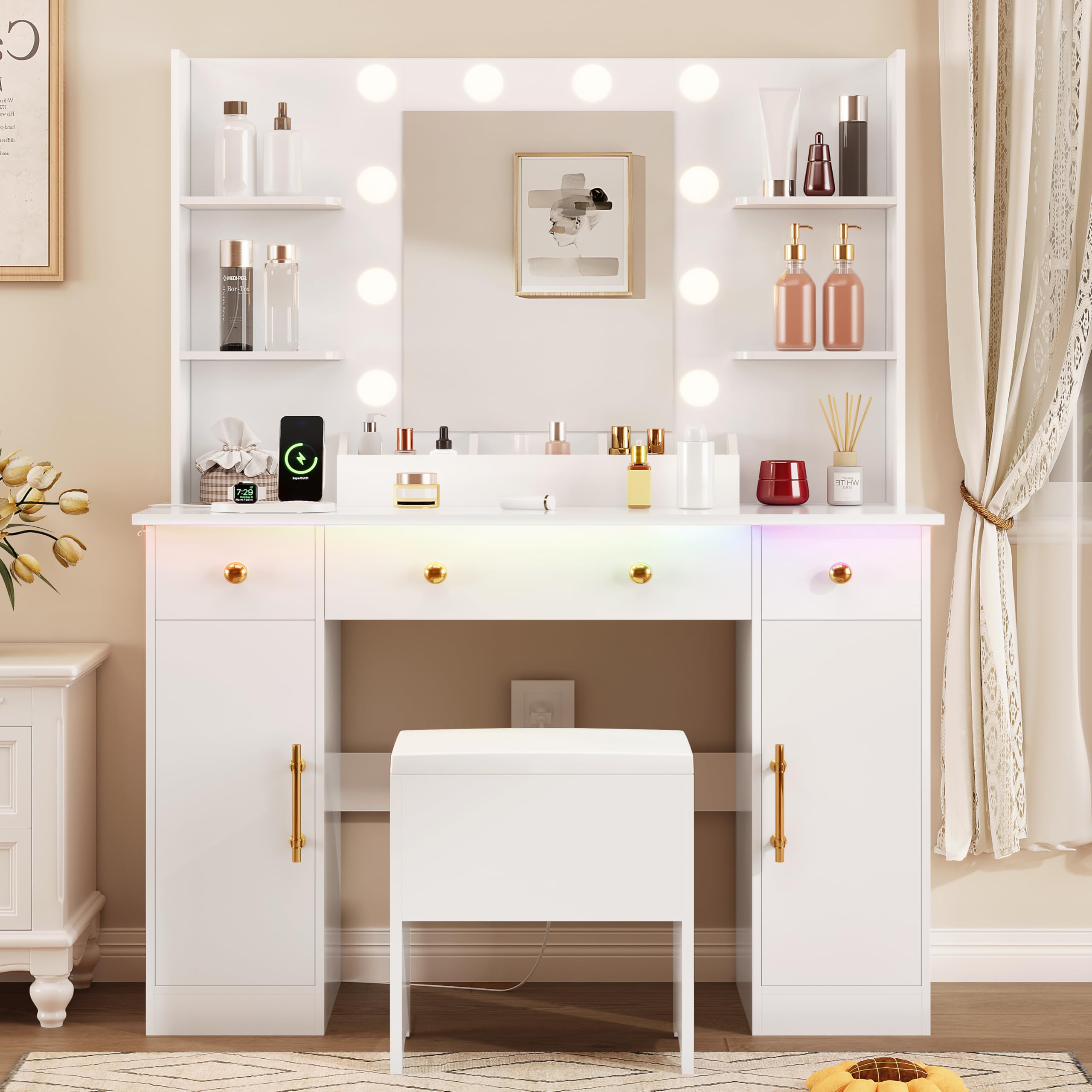Vanity Desk with Mirror and Lights - Makeup Vanity Set with Charging Station, 3 Drawers & Stool - White Vanity Desk with RGB LED Lights for Women - Perfect for Bedroom, Dressing Room & Beauty Salon
