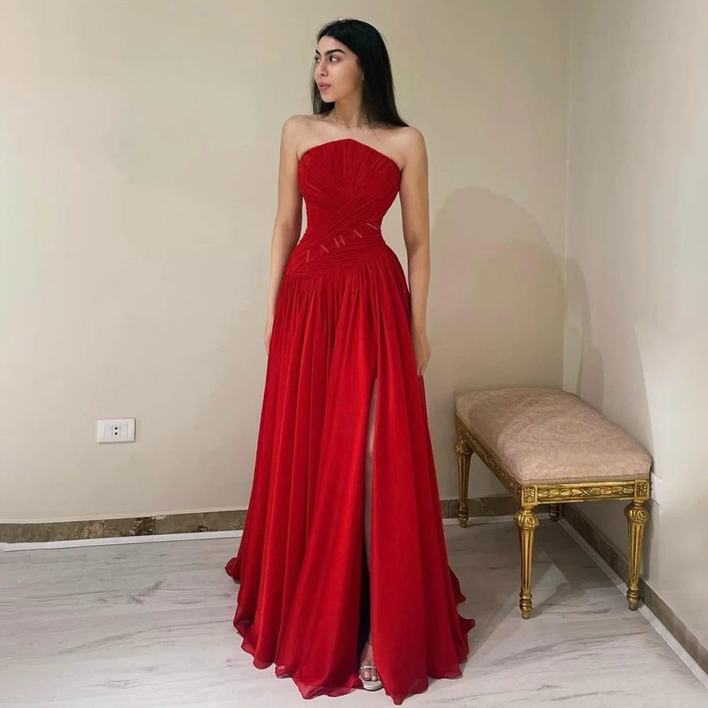 Elegant Red Chiffon Strapless Evening Dress with High Slit - Luxury Dubai Arabic Women's Wedding Prom Party Gown LA72537 | Perfect for Formal Events, Red Carpet & Special Occasions