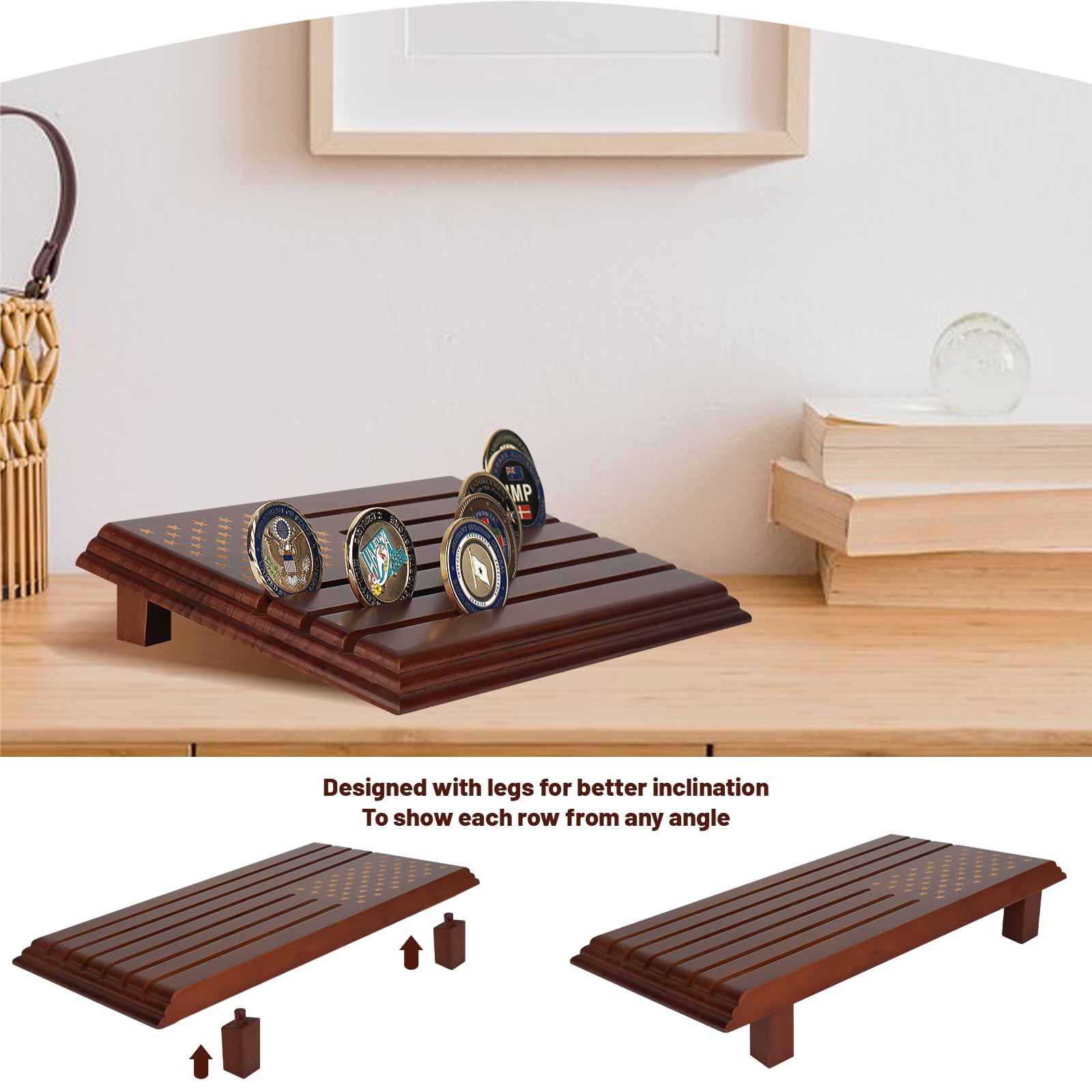 Samplife Military Challenge Coin Display - 6 Row Wooden Army Coin Rack Holder with American Flag - Solid Collectible Coin Stand for Military Medals, Police Badges & Commemorative Coins - Perfect for Home Office, Man Cave or Gift Display