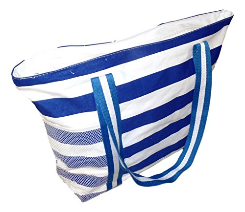 100% Cotton Striped Extra Large Beach Tote Bag - Blue with Embroidered Monogram | Perfect for Pool, Beach Vacation & Summer Travel Accessories