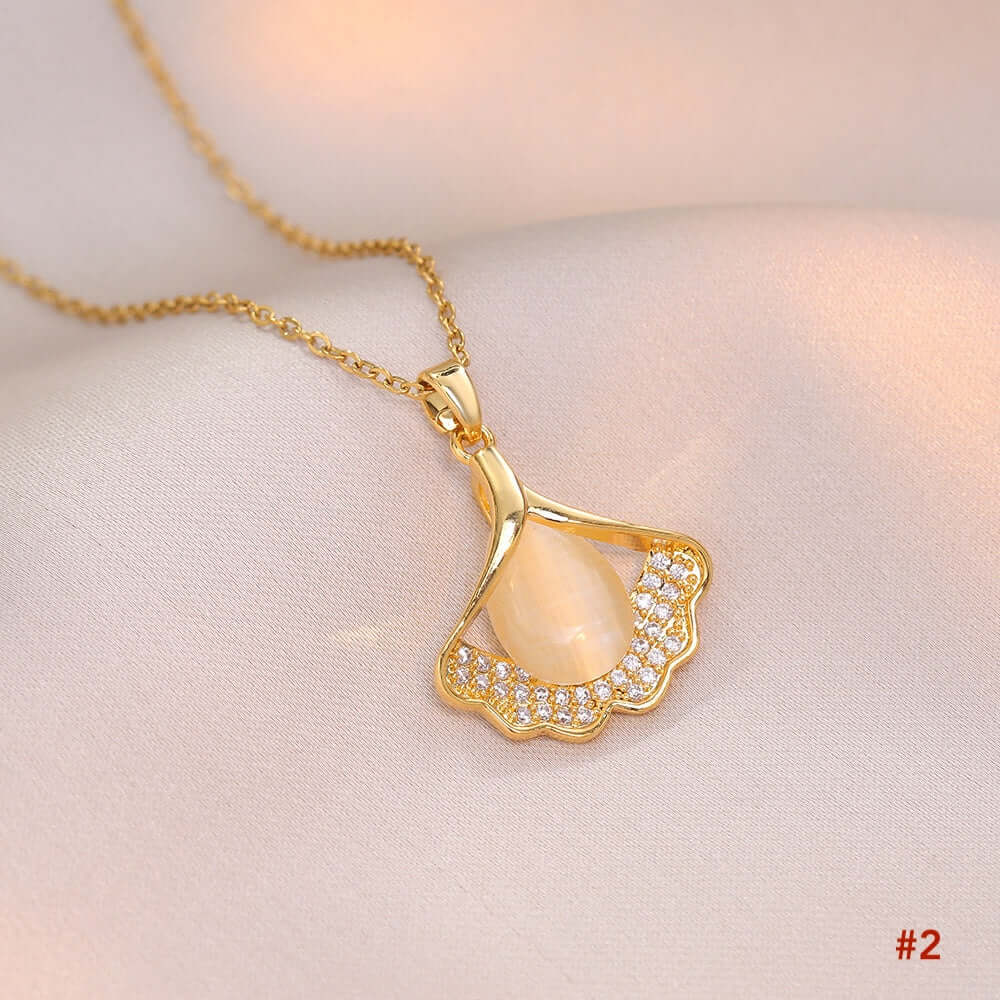 Elegant Titanium Minimalist Cat's Eye Stone Ginkgo Leaf Pendant Necklace for Women | A8241 | Perfect for Daily Wear, Office, Parties & Special Occasions