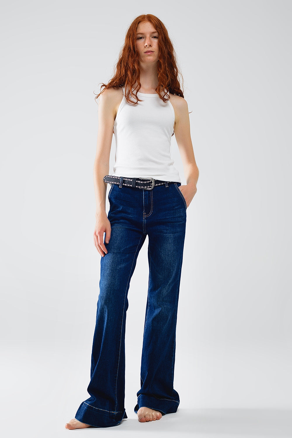 High Waist Flared Jeans for Women - Dark Blue Denim Pants for Casual Wear & Everyday Outfits