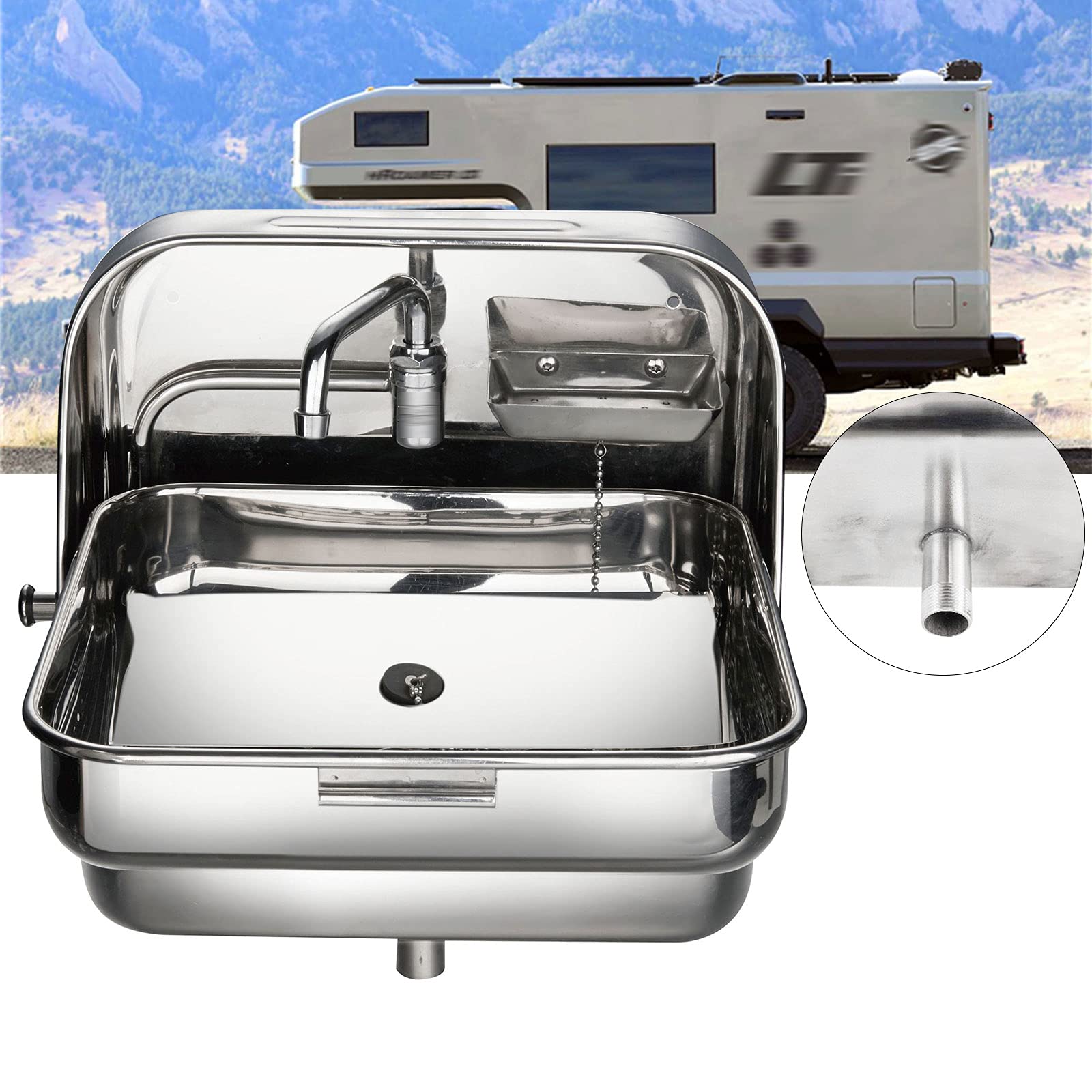 Portable Stainless Steel Folding Sink with Faucet for Caravan Boat RV - 14.56x14.76x15.35 Inch | Compact Space-Saving Design | Perfect for Outdoor Camping, Travel & Small Space Living