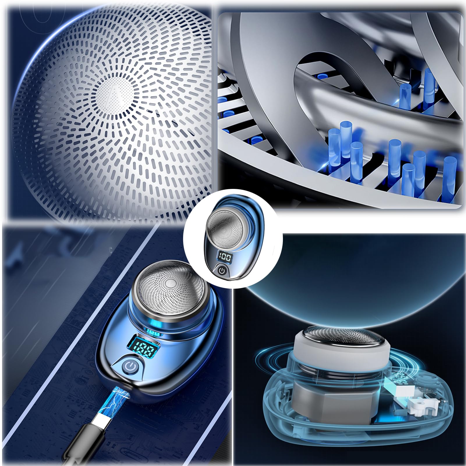 Mini Electric Shaver for Men - Portable Waterproof Travel Razor with LED Display (Pure Blue) - Perfect for Home, Office & On-the-Go Grooming