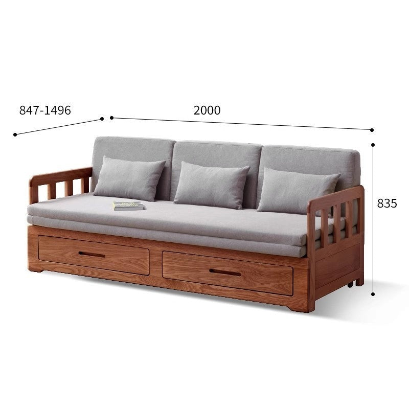 Solid Oak Wood Sofa Bed with Folding & Retractable Storage | Convertible Sleeper for Small Spaces, Guest Rooms & Apartments