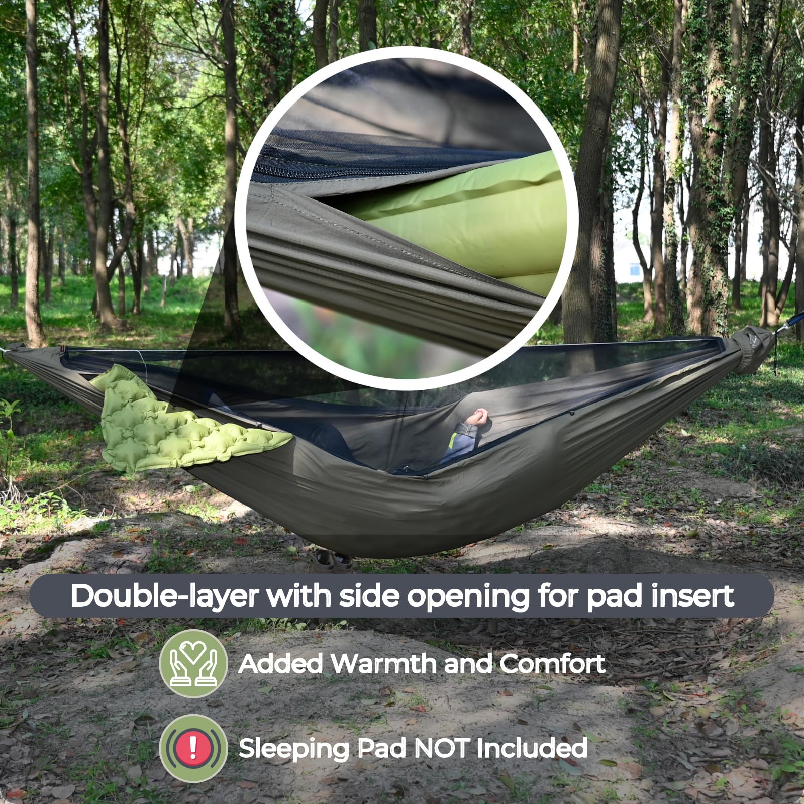 Onewind 11ft Zippered Camping Hammock with Mosquito Net - Portable Double-Layer Hammock for Backpacking, Hiking & Outdoor Adventures - Adjustable Ridgeline - OD Green (Sleeping Pad Not Included) - Perfect for Camping Trips, Backyard Relaxation & Wilderness Exploration