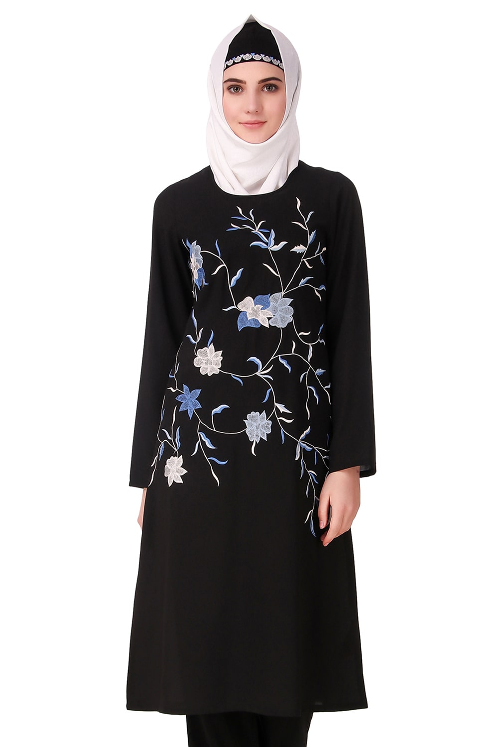 Elegant Black Nida Tunic with Leaf & Flower Embroidered Details - Perfect for Casual Outings, Office Wear & Special Occasions