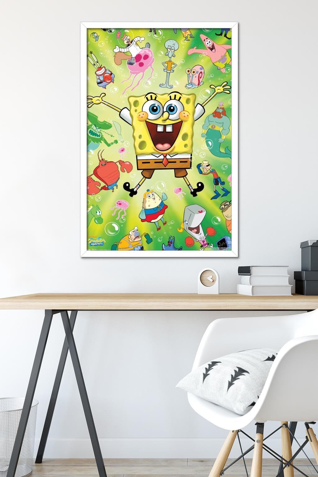 Trends International Nickelodeon SpongeBob SquarePants Burst Wall Poster - 22.375 x 34 Inches, White Framed Version - Perfect for Kids' Room Decor, Game Room, and Cartoon Lover Gifts