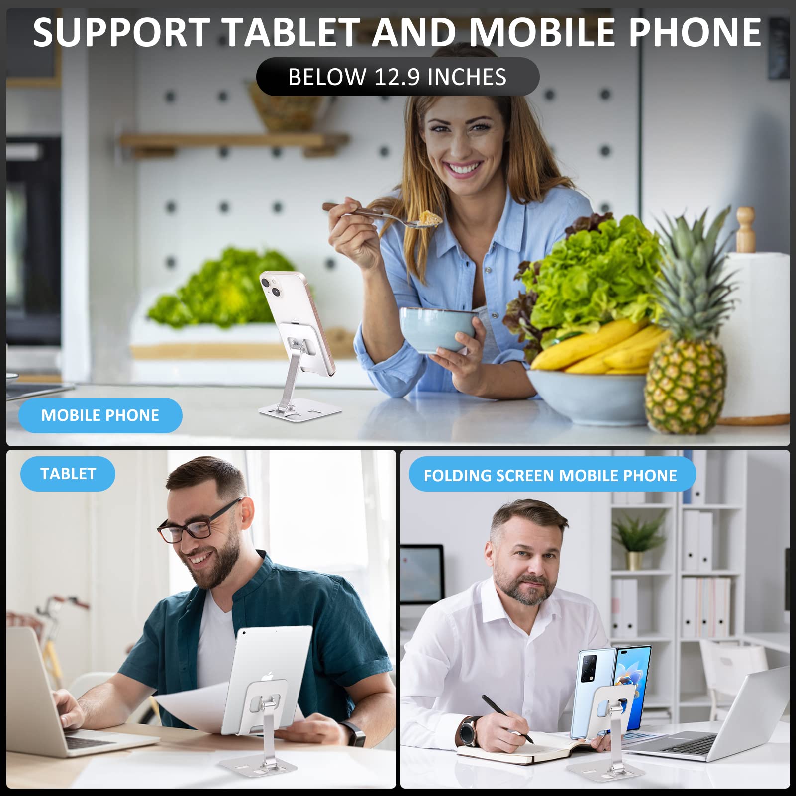 Adjustable Aluminum Foldable Phone Stand Holder for Smartphones & Tablets 4-12 inch - Portable Desktop Cell Phone Dock for Office, Home, Bed, Travel (Silver) - Perfect for Video Calls, Streaming & Hands-Free Viewing
