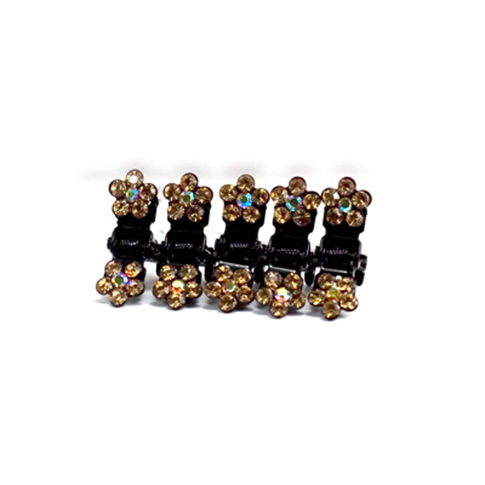 Elegant Rhinestone Crystal Hair Claw Clips - Set of 5 Small Decorative Petal Jaw Clips in Light Brown | Perfect for Bridal, Prom, Party & Everyday Hair Accessories