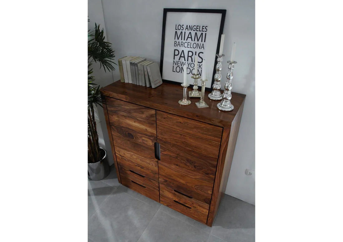 Gfine Solid Sheesham Wood Sideboard - 2 Doors & 4 Drawers, 83x45x116Cm - Perfect for Living Room Storage, Dining Room Buffet & Entryway Organization