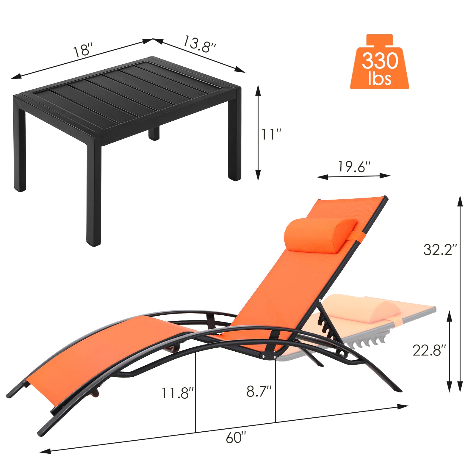 **AthLike 3-Piece Pool Chair Set with Headrest – 5-Level Adjustable Patio Chaise Lounge for Sunbathing, Tanning – Outdoor Beach & Poolside Recliner Chairs with Side Table (Orange) – Perfect for Backyard, Resort, or Vacation Relaxation**