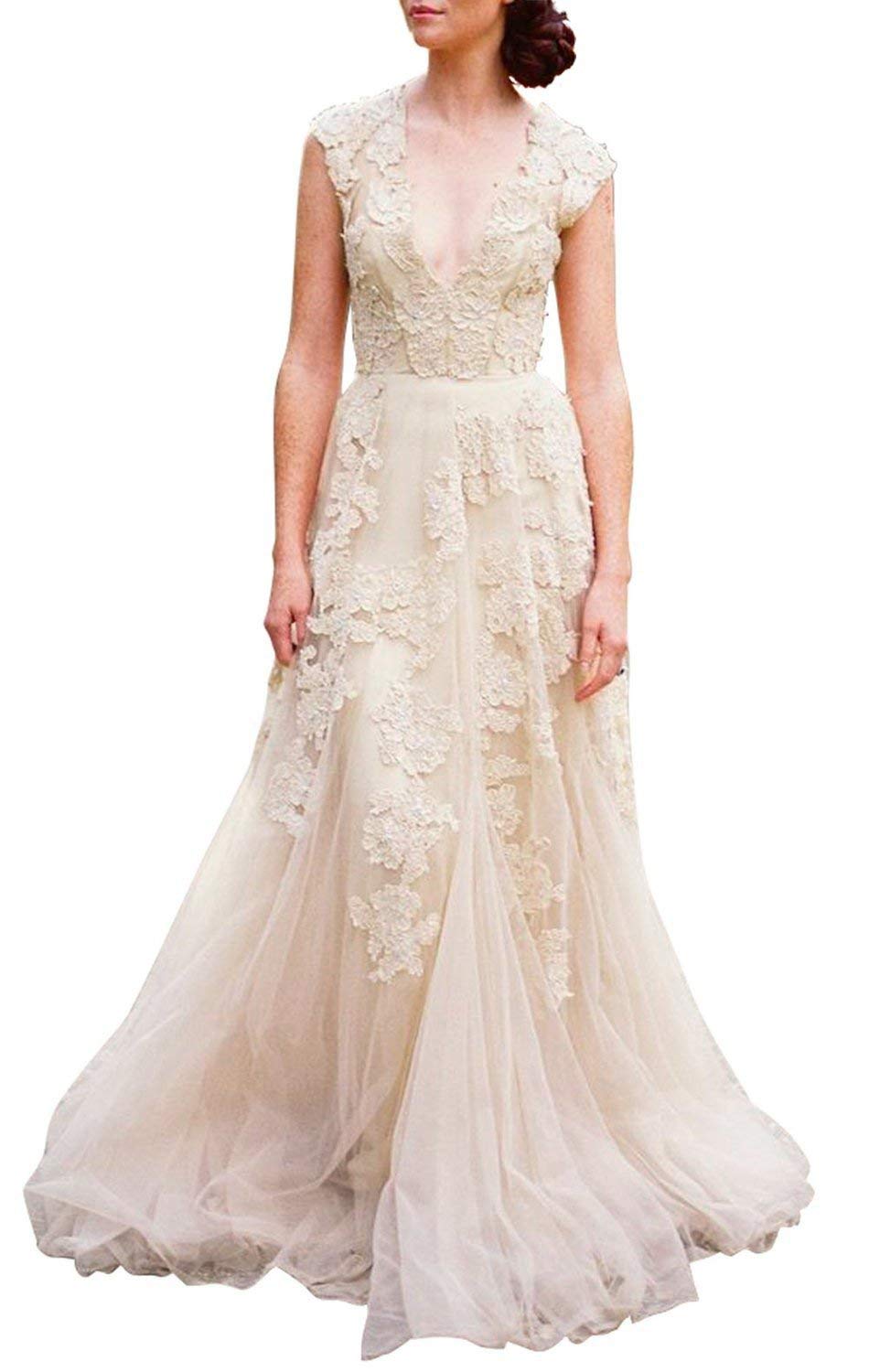 Ruolai Vintage Lace Wedding Dress for Women - Cap Sleeves Boho Bridal Gown for Beach, Garden & Outdoor Ceremonies | Elegant A-Line Silhouette