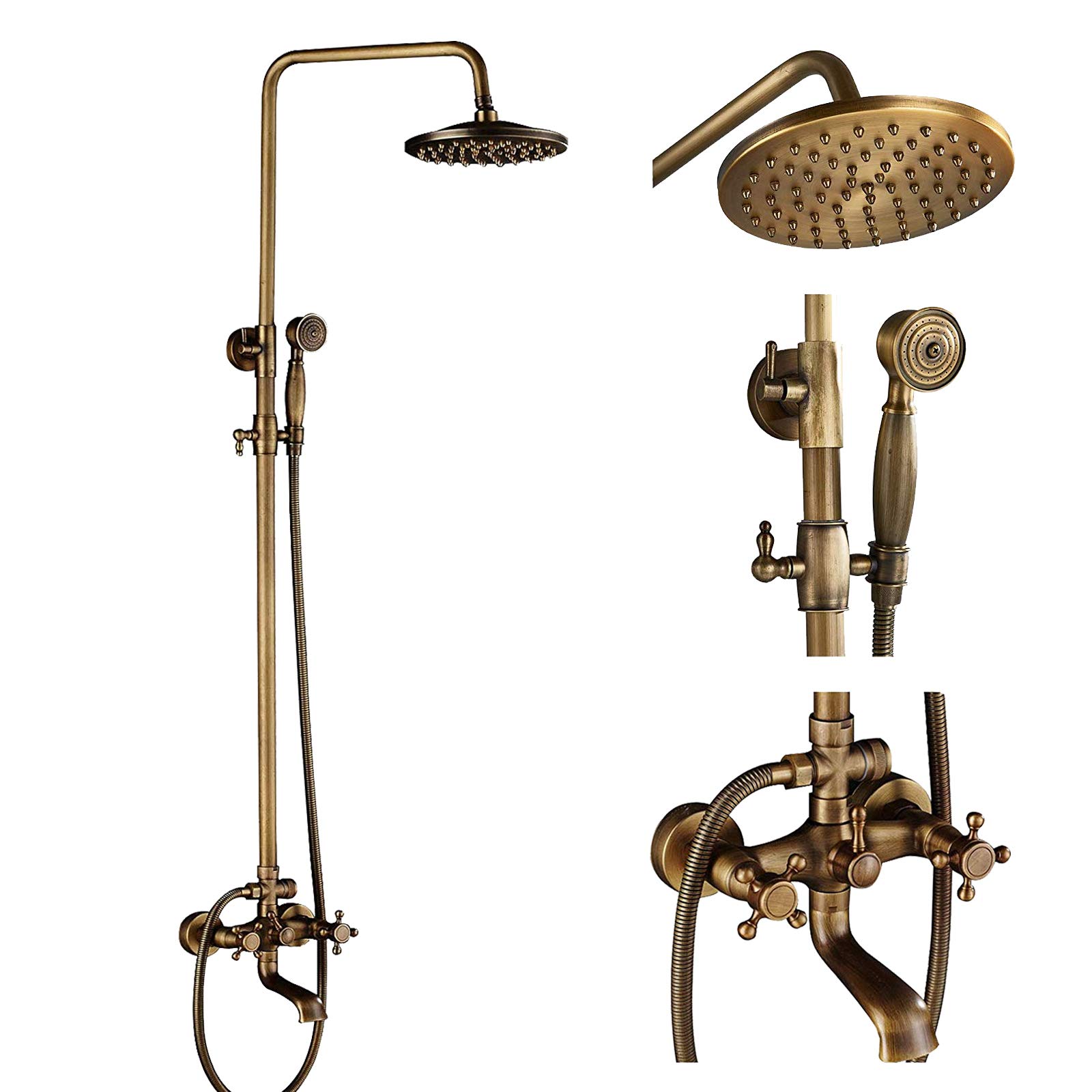 Antique Brass 8-Inch Rainfall Shower System - Wall-Mounted Dual Cross Handle Bathtub Shower Mixer Tap with Hand Sprayer - Perfect for Modern & Vintage Bathroom Designs