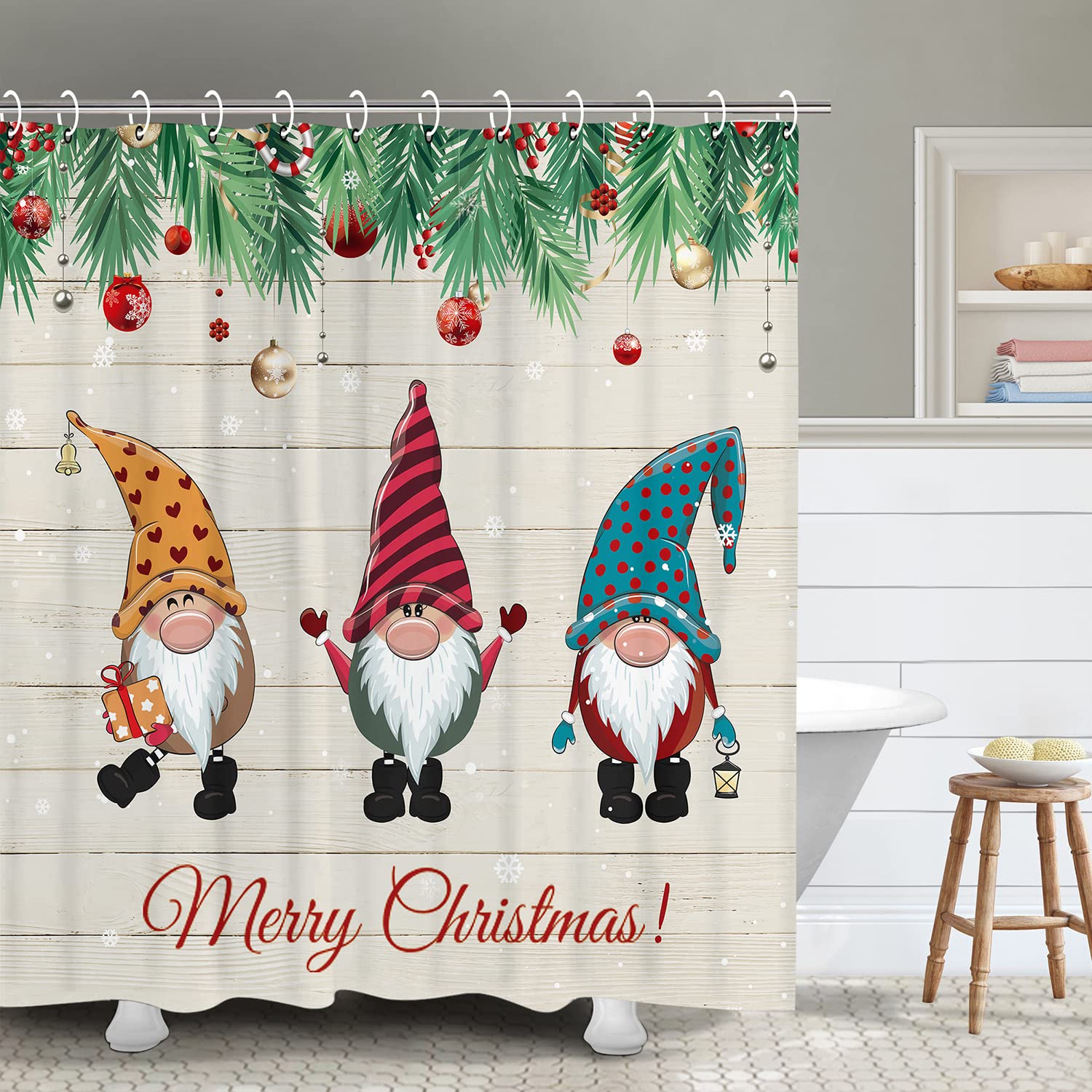 RosieLily Christmas Shower Curtain - Festive Holiday Bathroom Decor with 3 Cheerful Elf Designs, Includes 12 Hooks & Jingle Bells (72x84 Inches) - Perfect for Christmas Bathroom Makeover, Holiday Parties & Festive Home Decor
